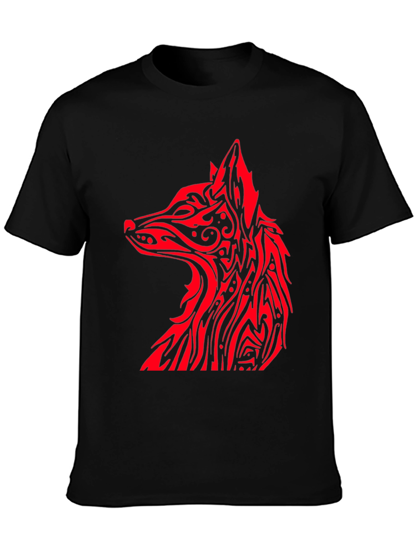 Red Tribal Fox Graphic Black T-Shirt