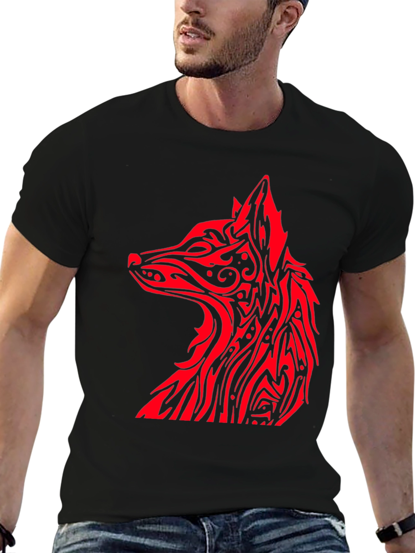 Red Tribal Fox Graphic Black T-Shirt