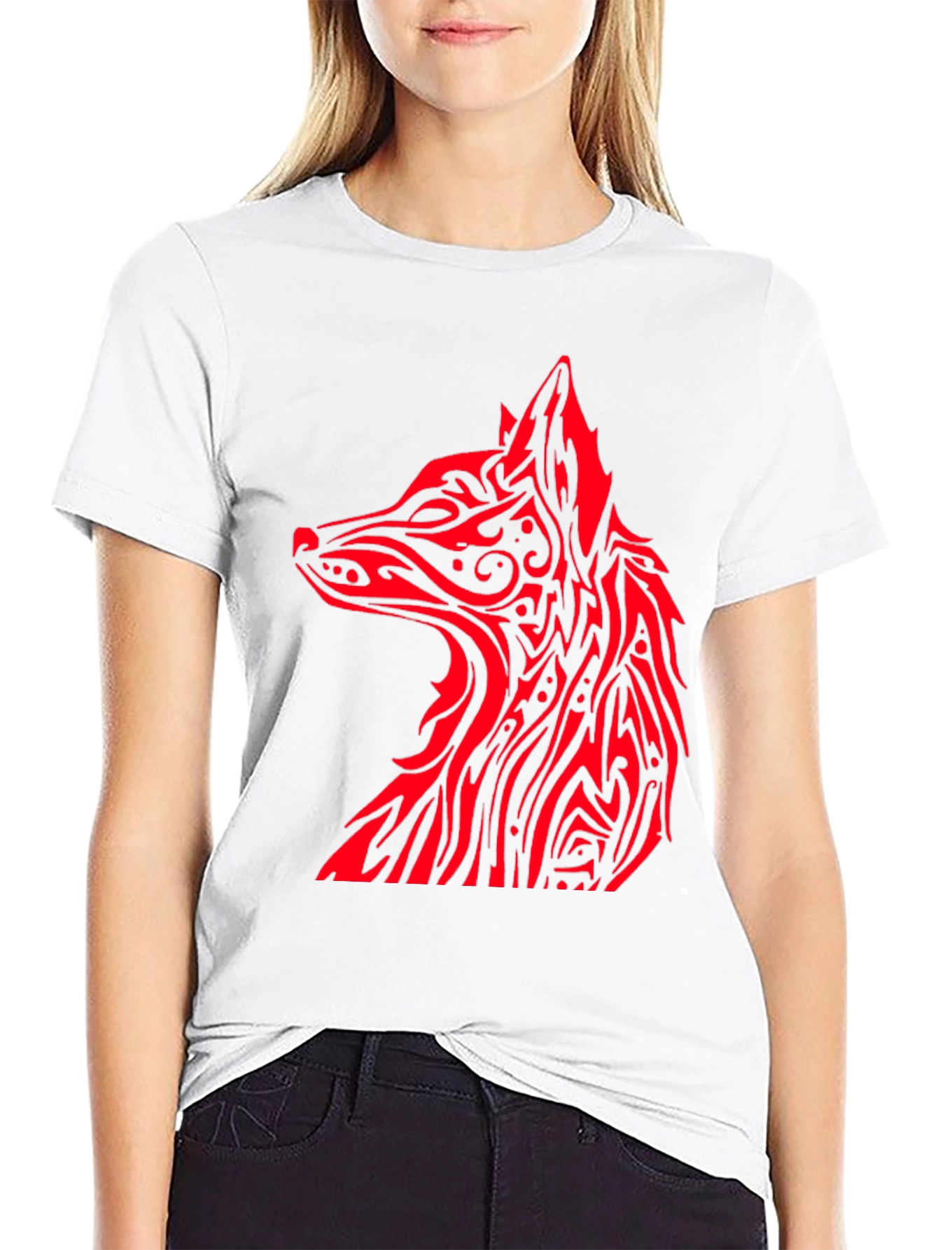 Red Tribal Fox Graphic Black T-Shirt