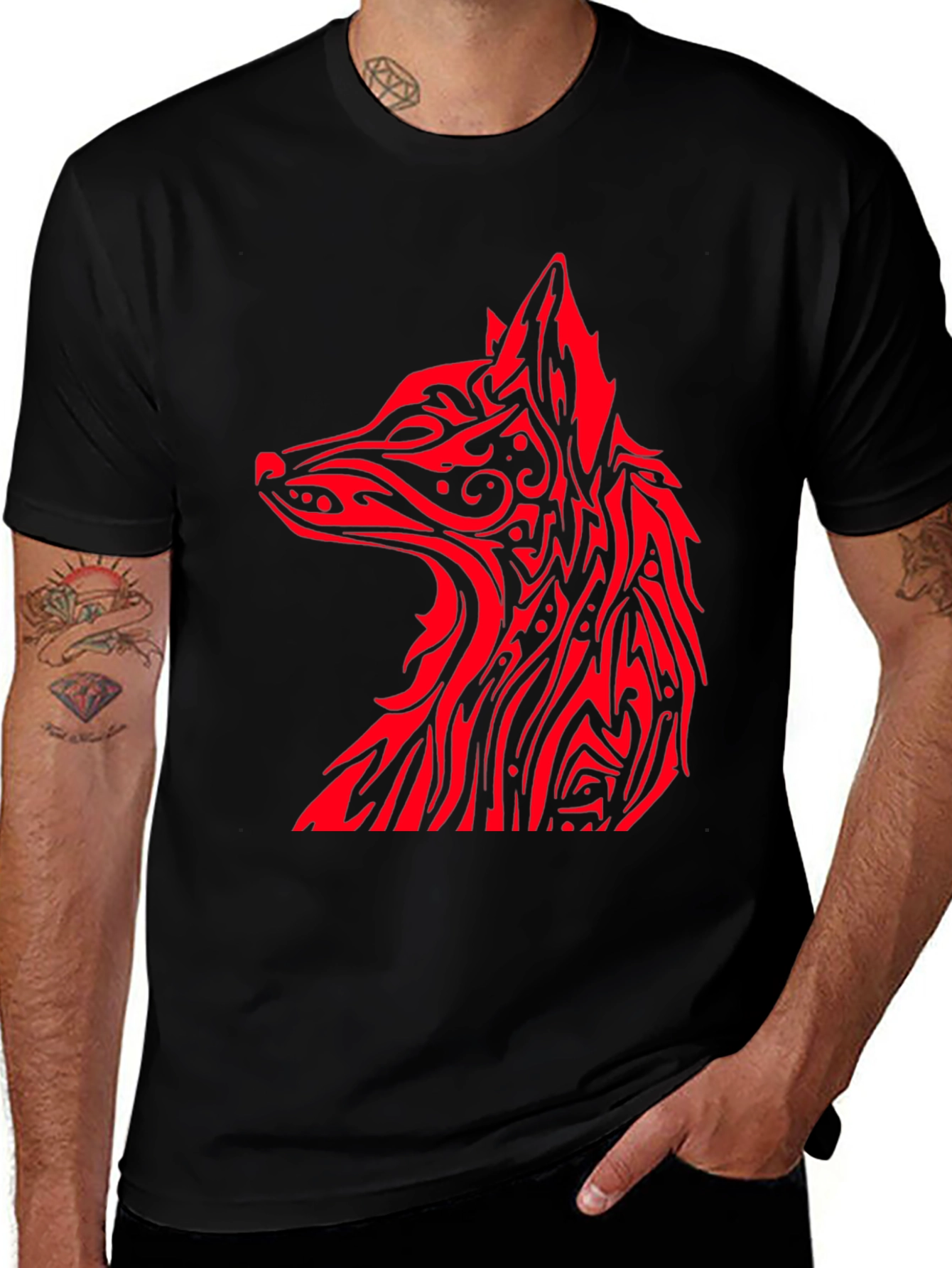 Red Tribal Fox Graphic Black T-Shirt