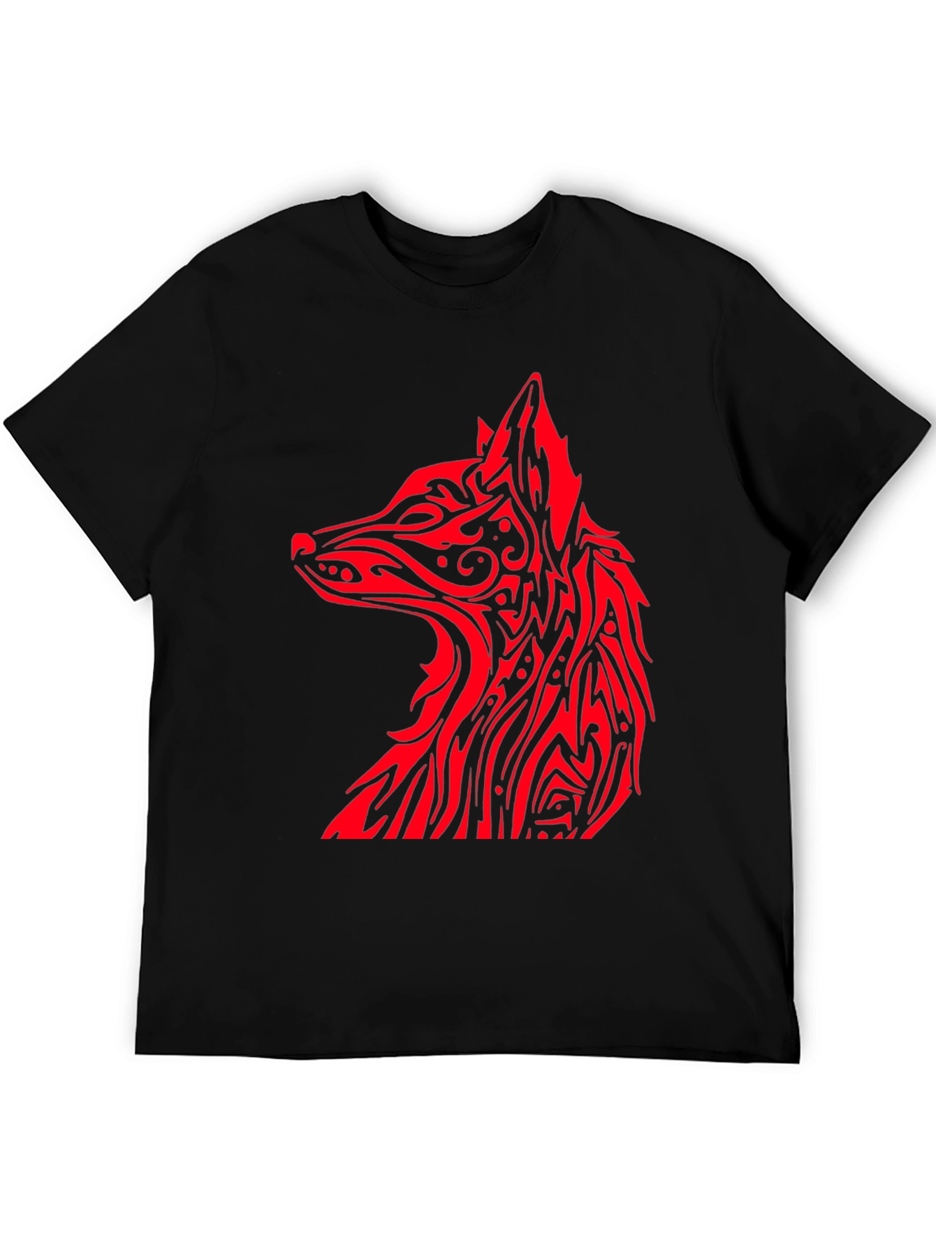 Red Tribal Fox Graphic Black T-Shirt