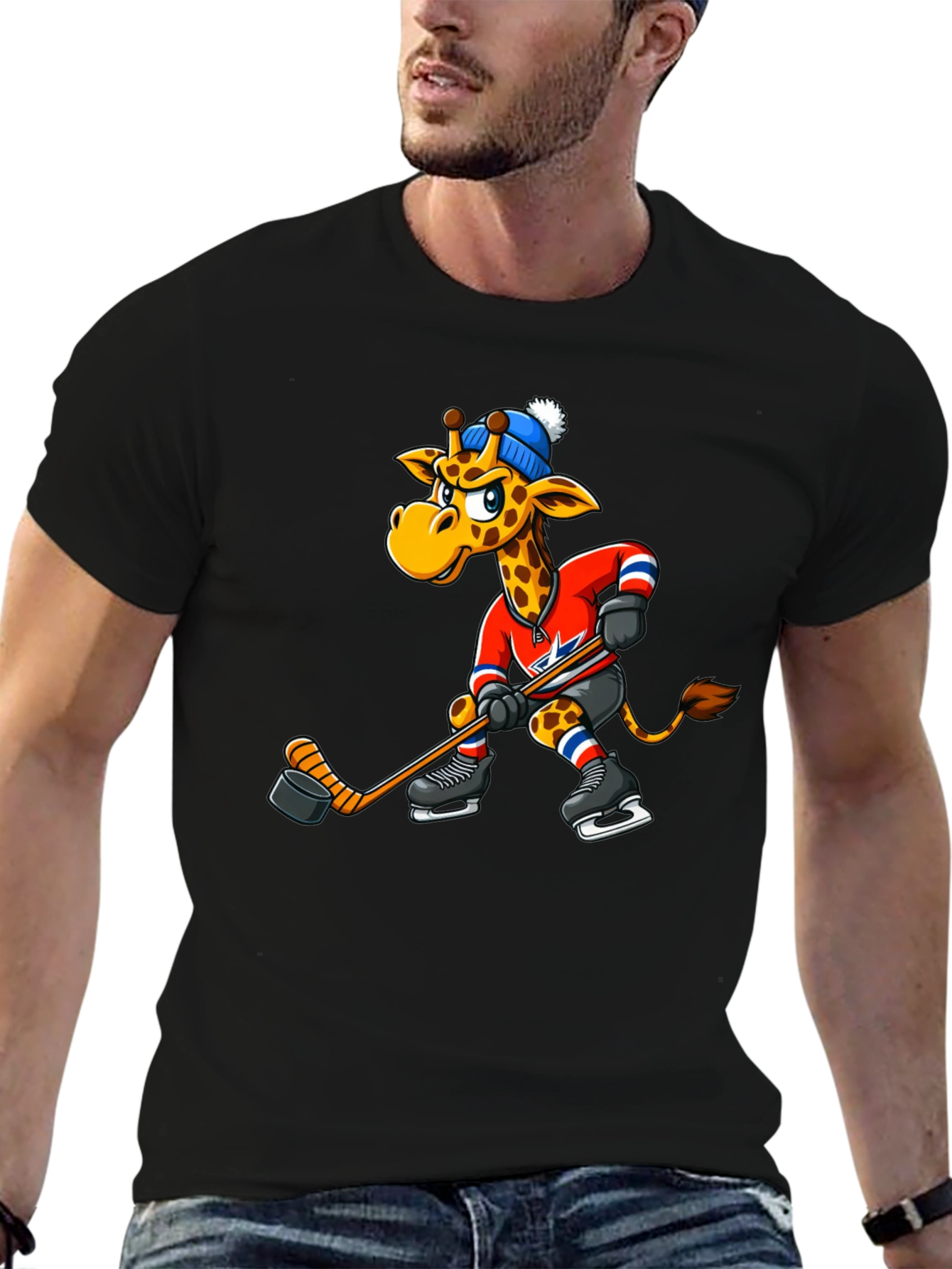 Hockey Giraffe Graphic Tee - Black Cotton T-Shirt