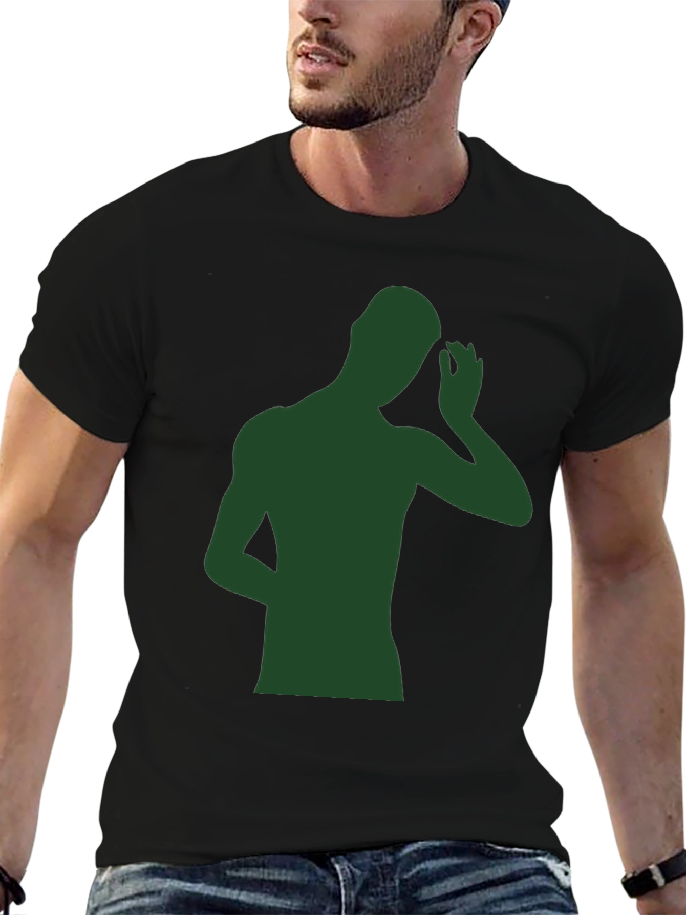 Mens Black T-Shirt with Green Silhouette Graphic