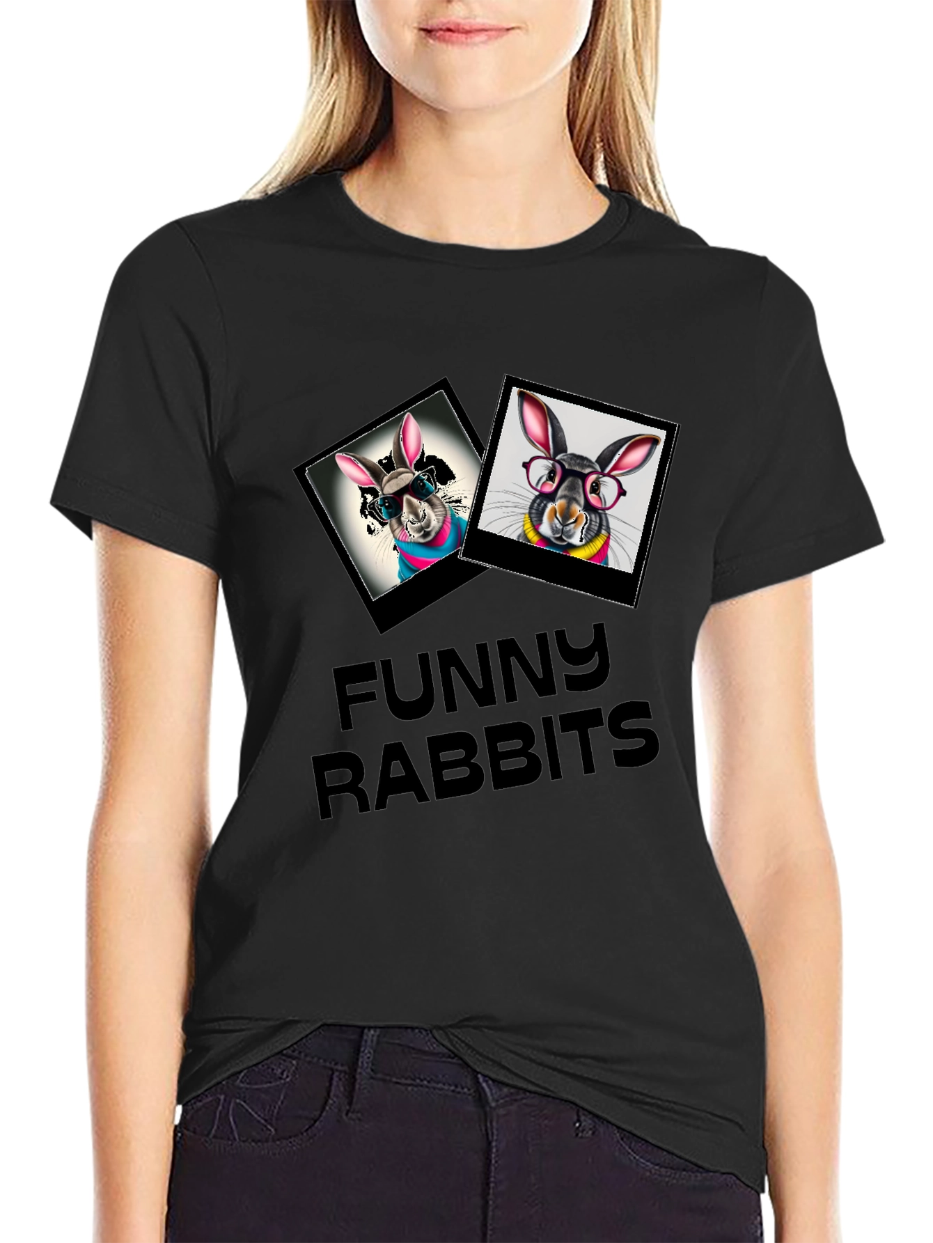Funny Rabbits Graphic Black T-Shirt