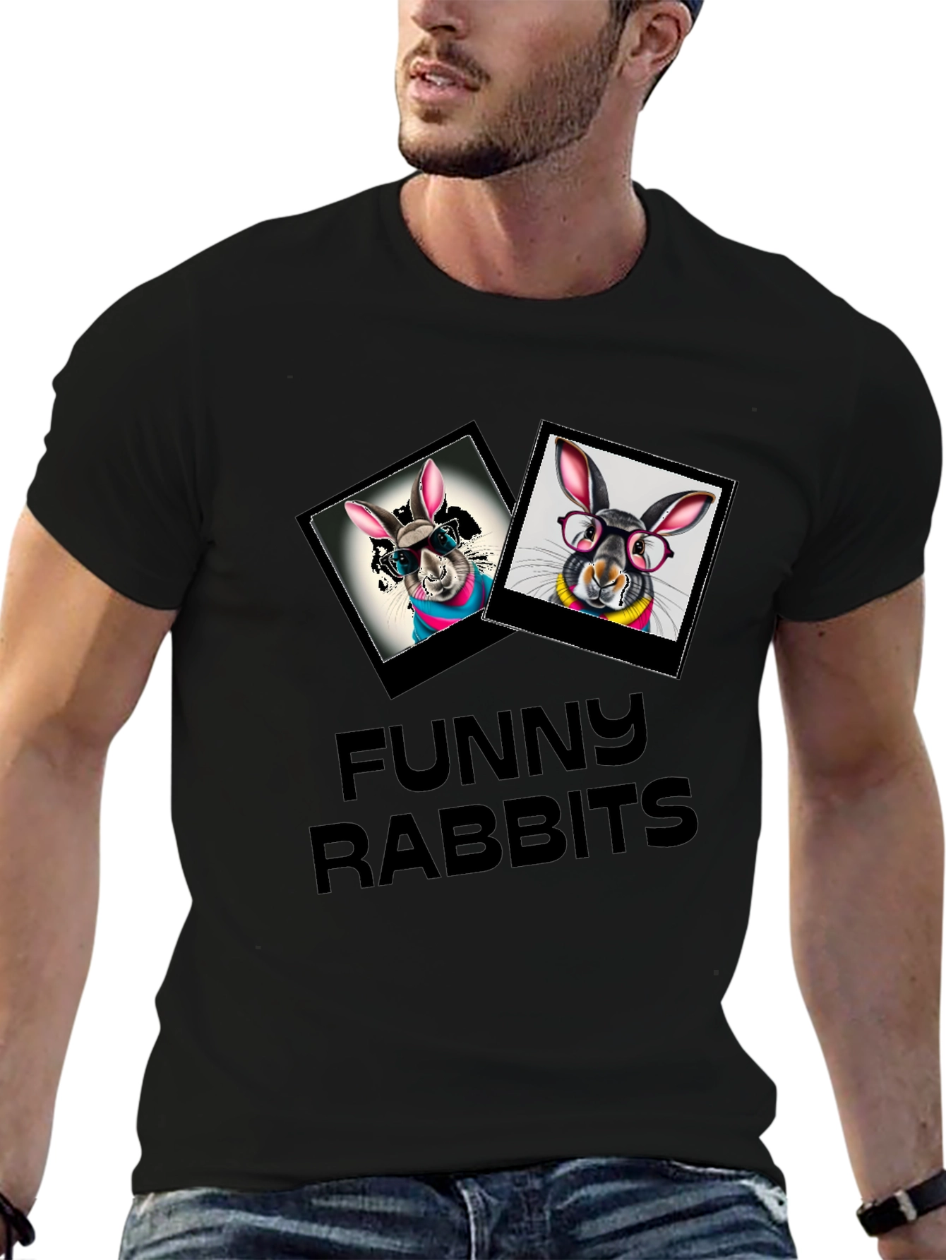 Funny Rabbits Graphic Black T-Shirt