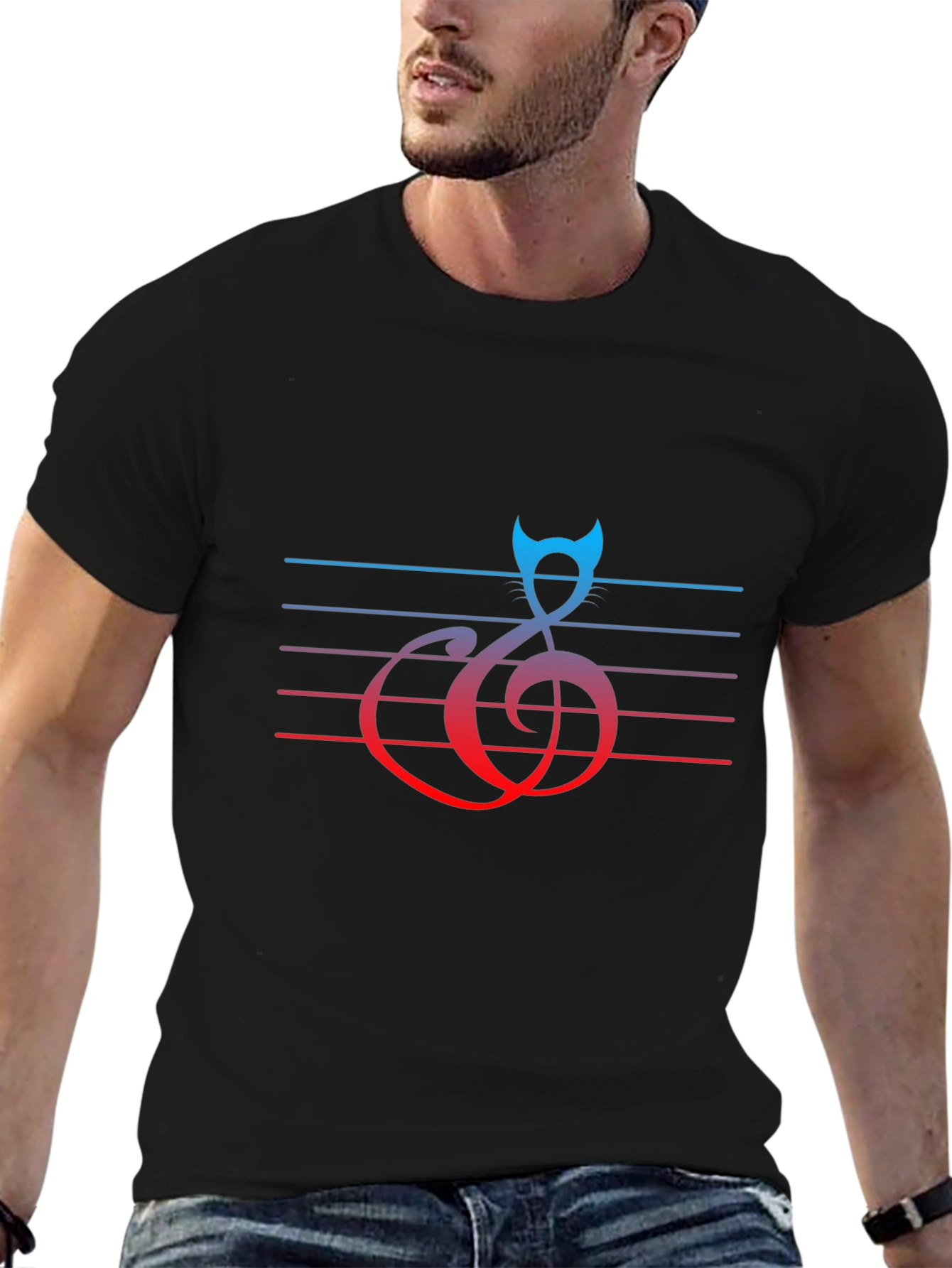 Music Cat Graphic Tee - Black Cotton Blend