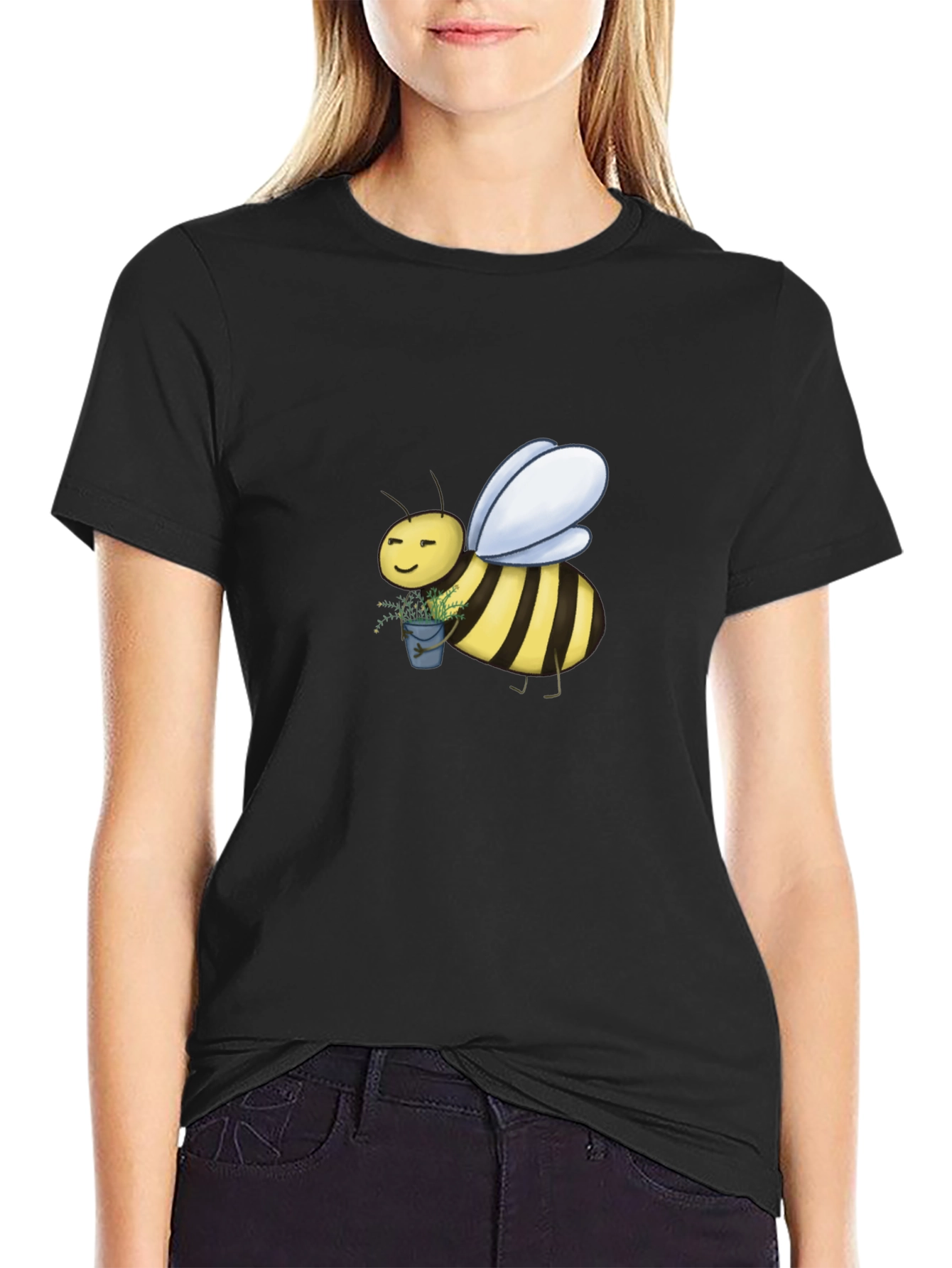 Cute Bee Graphic T-Shirt - Black Cotton Blend