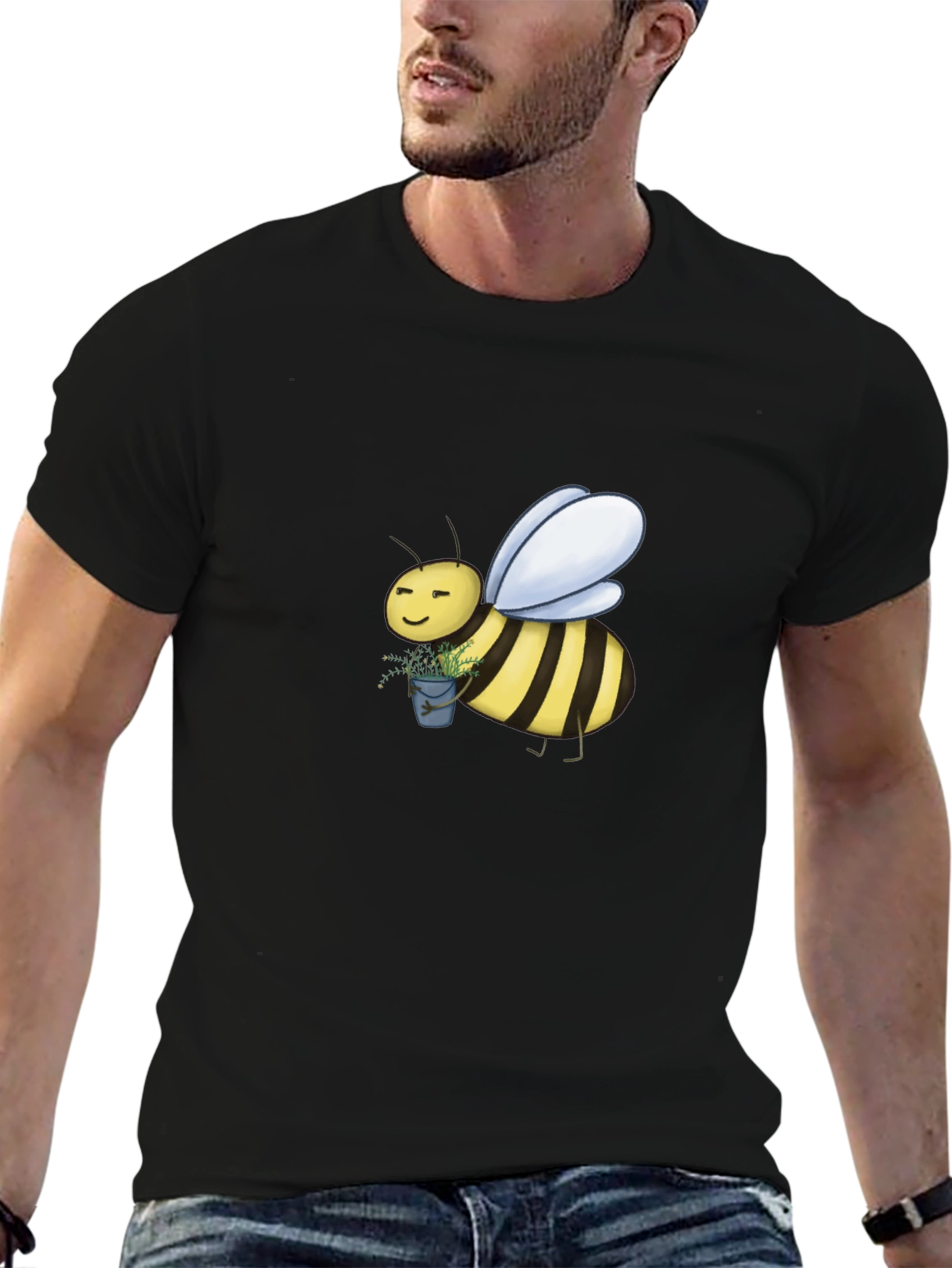 Cute Bee Graphic T-Shirt - Black Cotton Blend