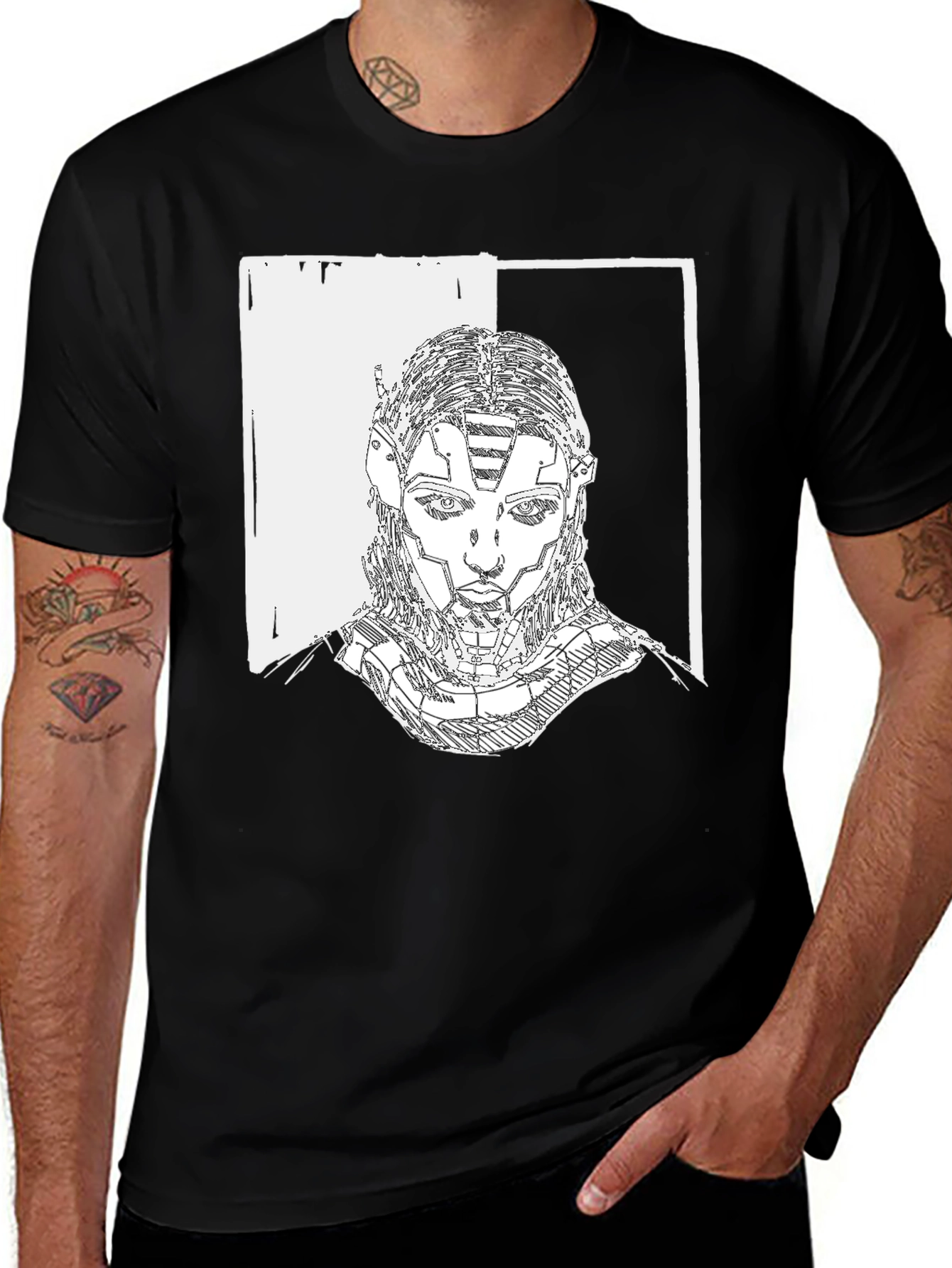 Cyberpunk Portrait Graphic Tee - Black Cotton T-Shirt