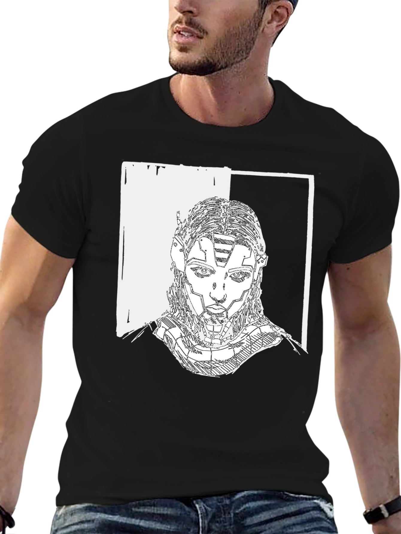 Cyberpunk Portrait Graphic Tee - Black Cotton T-Shirt