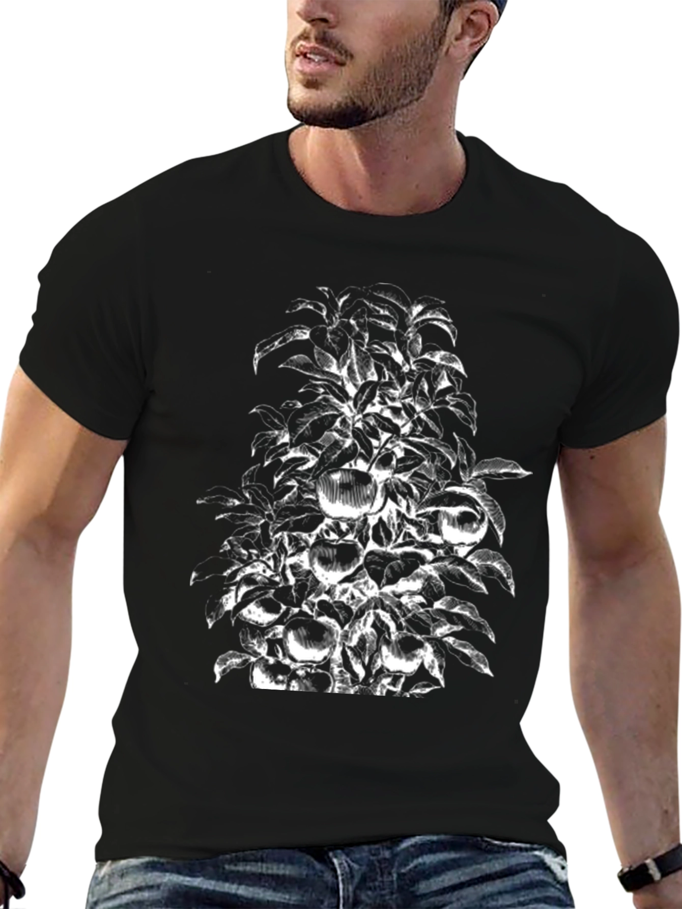 Botanical Apple Tree Print Black T-Shirt