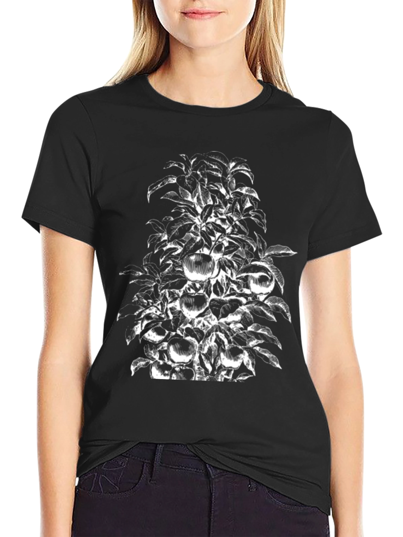 Botanical Apple Tree Print Black T-Shirt