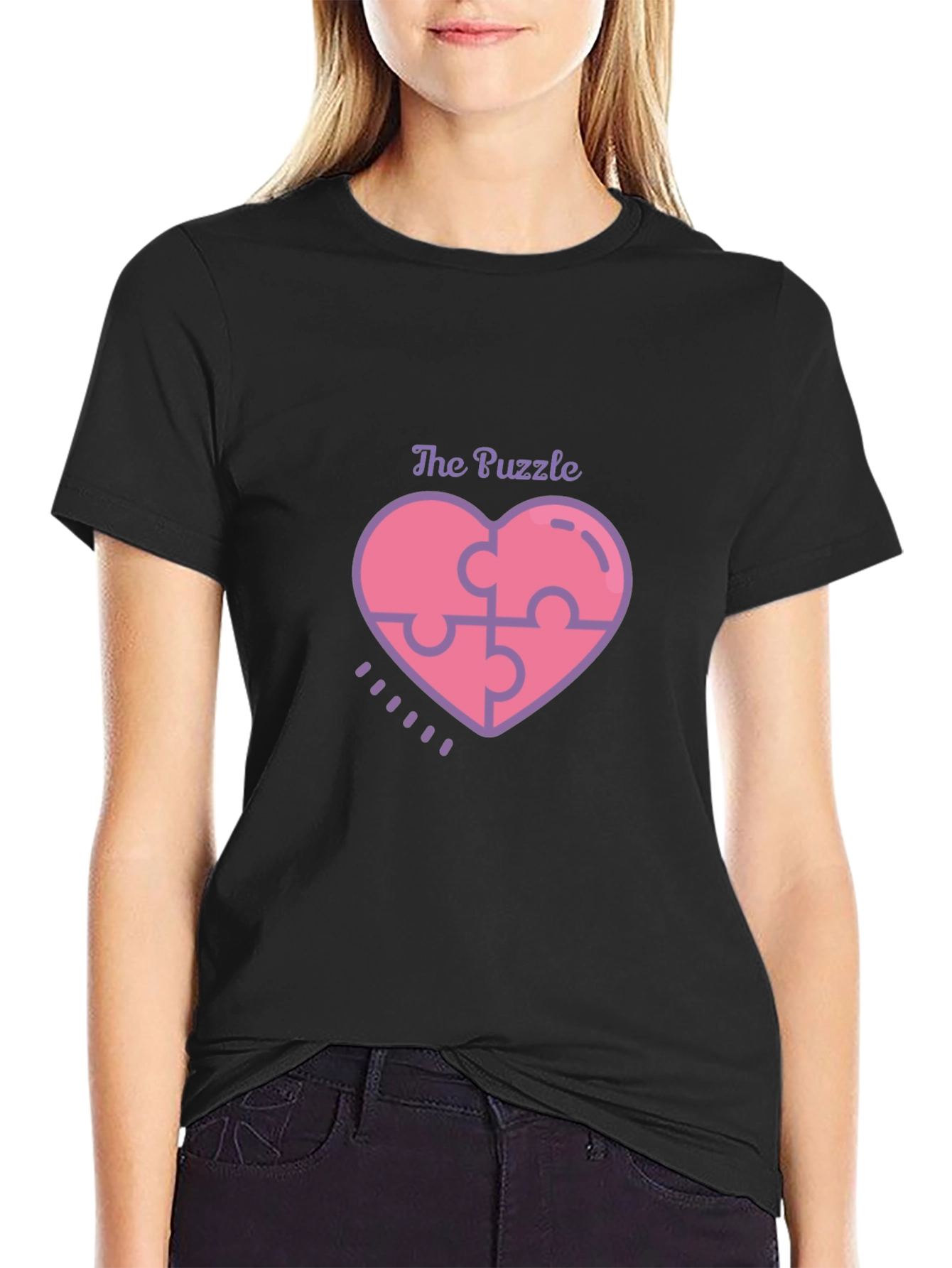 Puzzle Piece Heart Graphic Tee - Black Casual Shirt