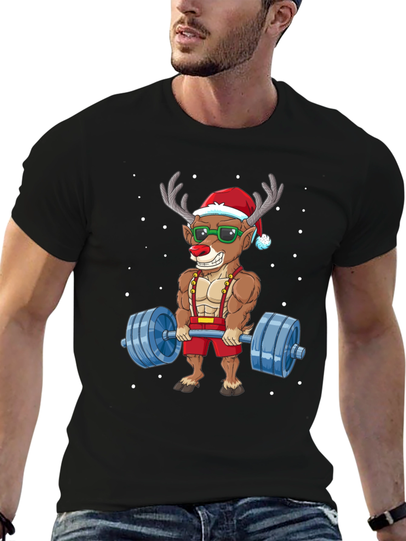 Reindeer Santa Lifting T-Shirt - Christmas Gym Humor
