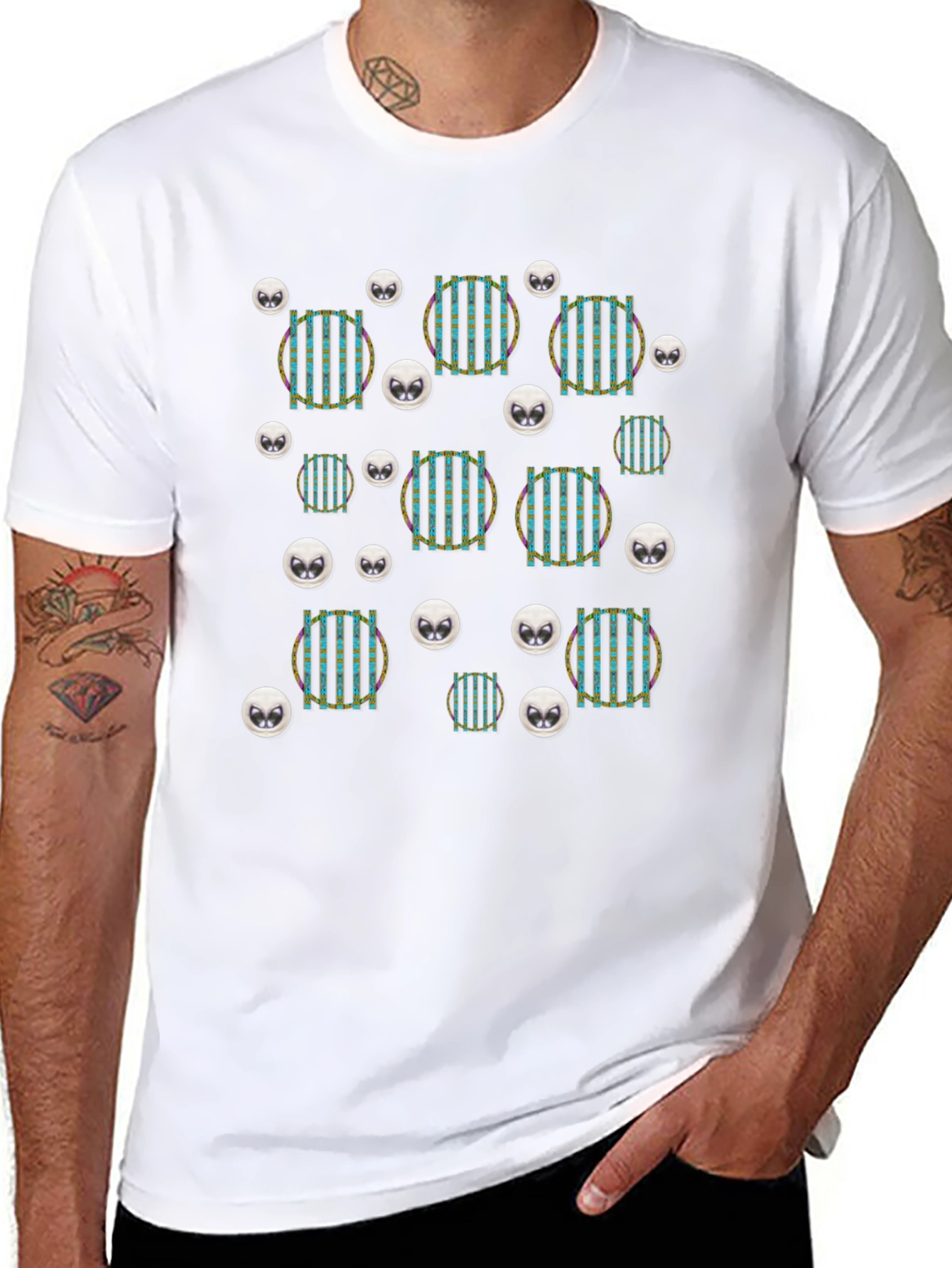 Funky Striped Circle Alien Head Black T-Shirt