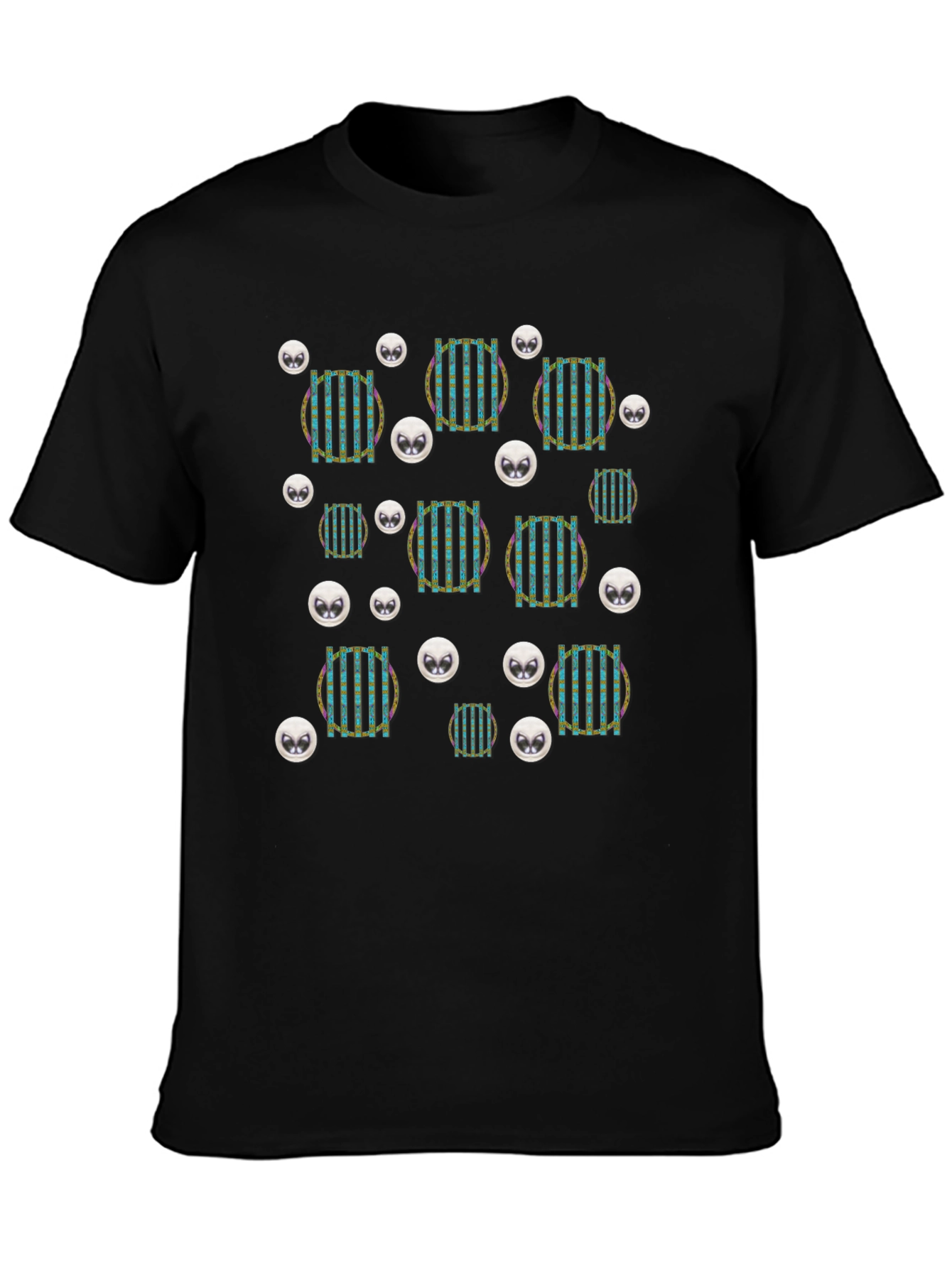 Funky Striped Circle Alien Head Black T-Shirt