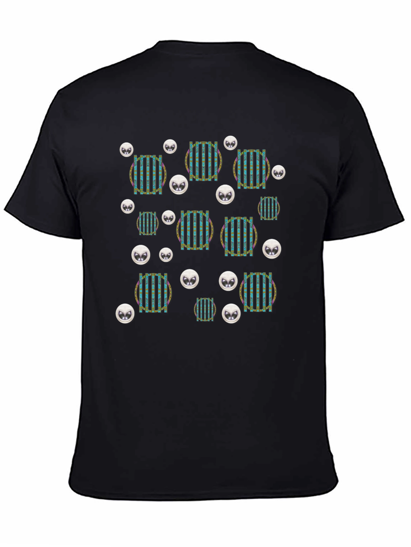 Funky Striped Circle Alien Head Black T-Shirt