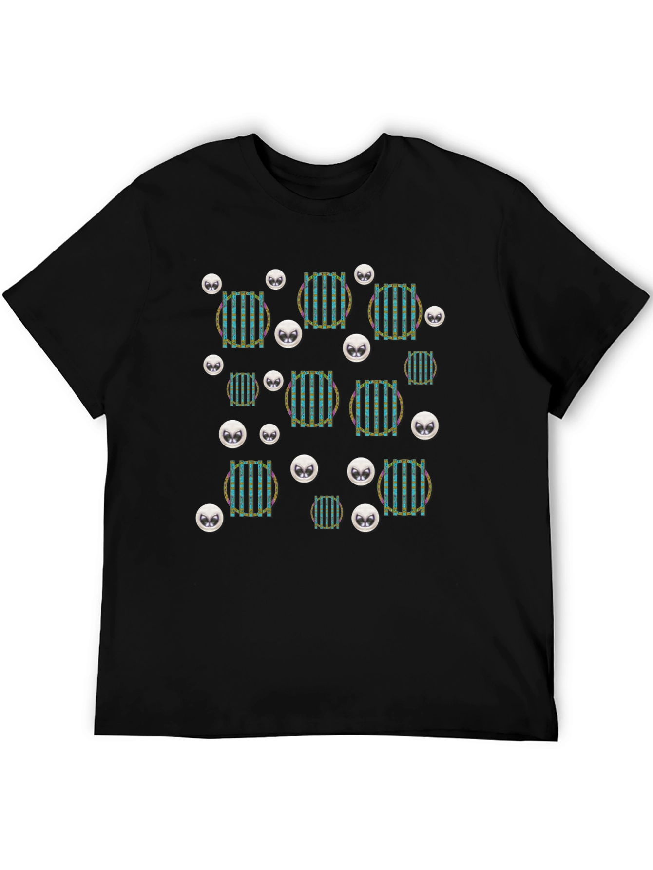 Funky Striped Circle Alien Head Black T-Shirt