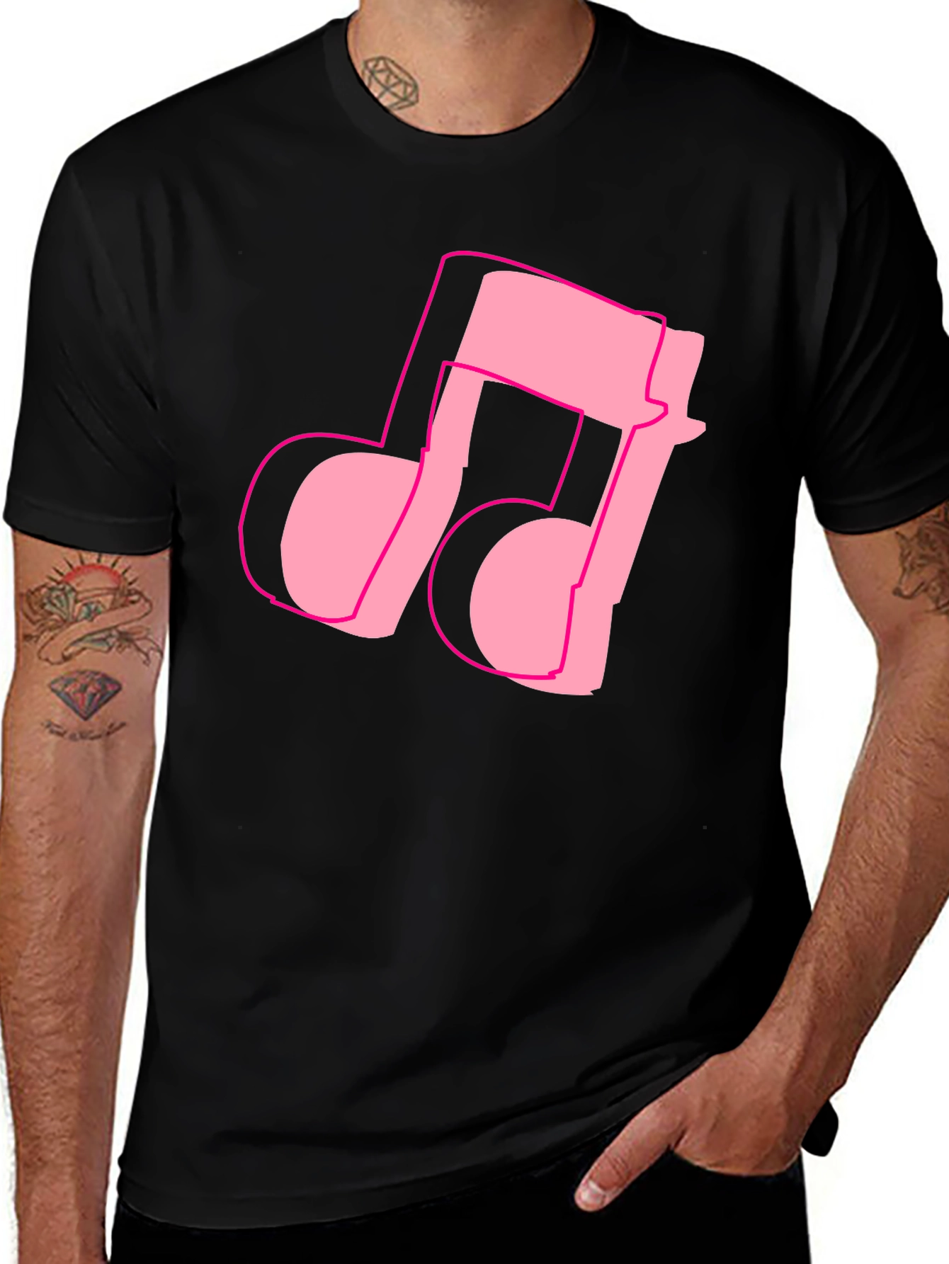 Pink Music Note Graphic Black T-Shirt