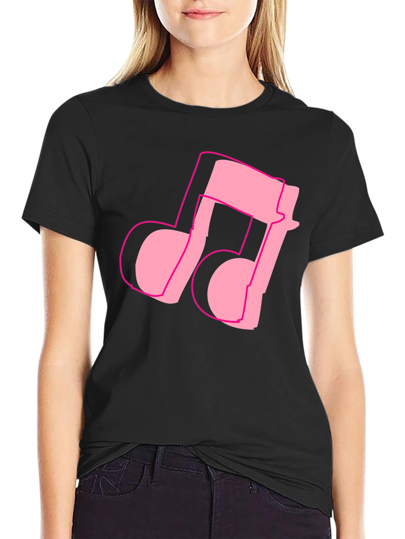 Pink Music Note Graphic Black T-Shirt