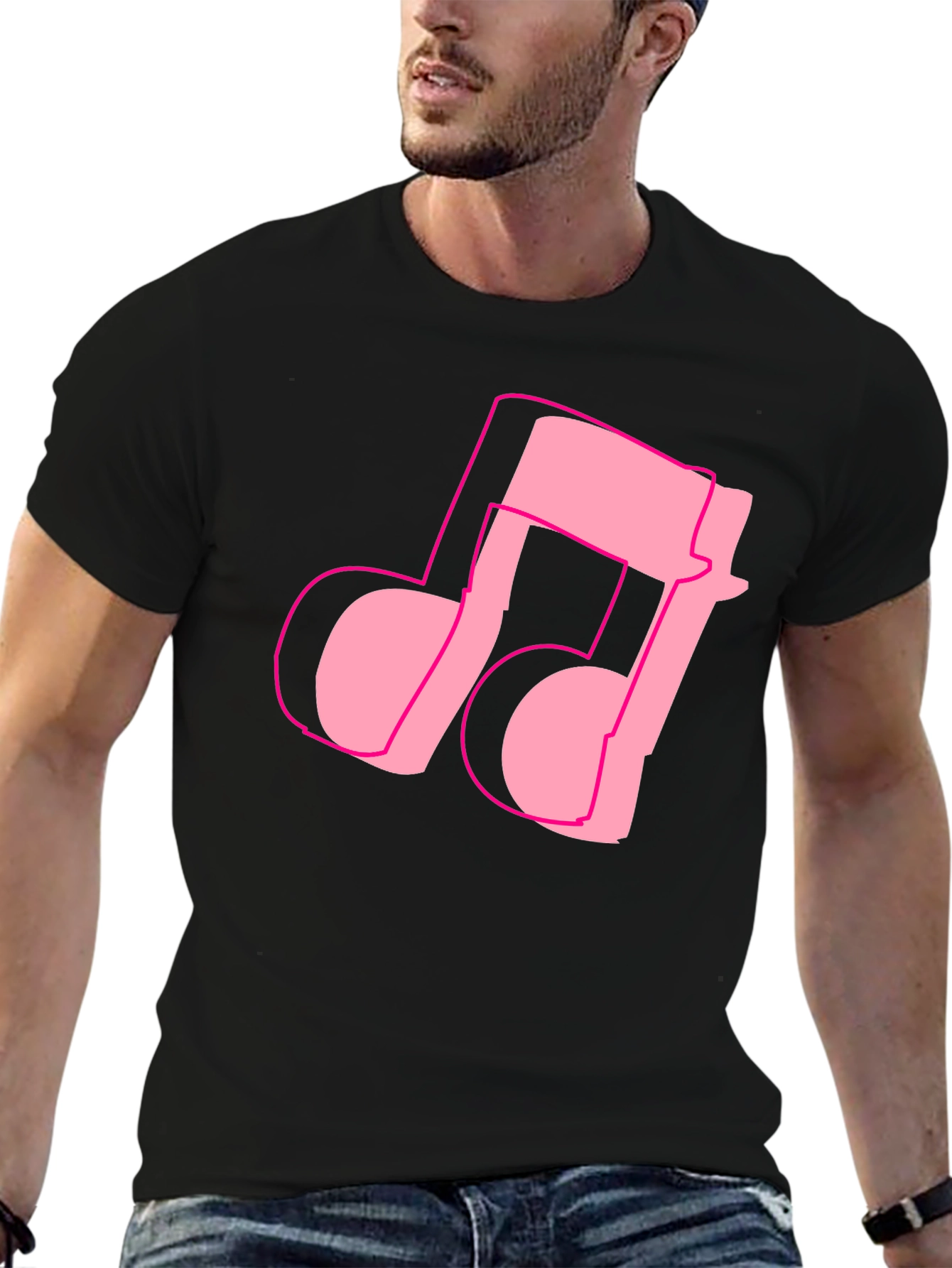 Pink Music Note Graphic Black T-Shirt