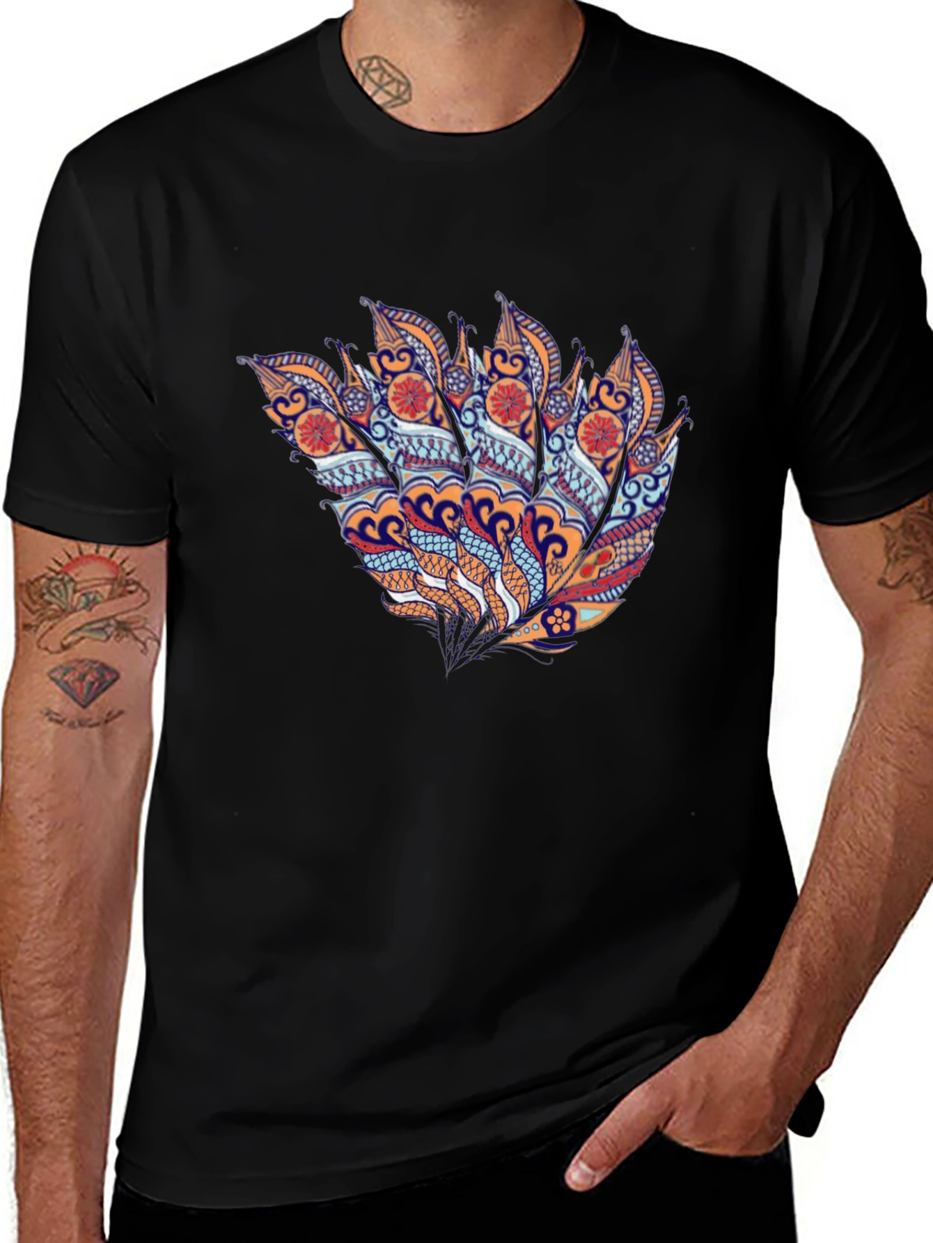 Abstract Feather Graphic Black T-Shirt