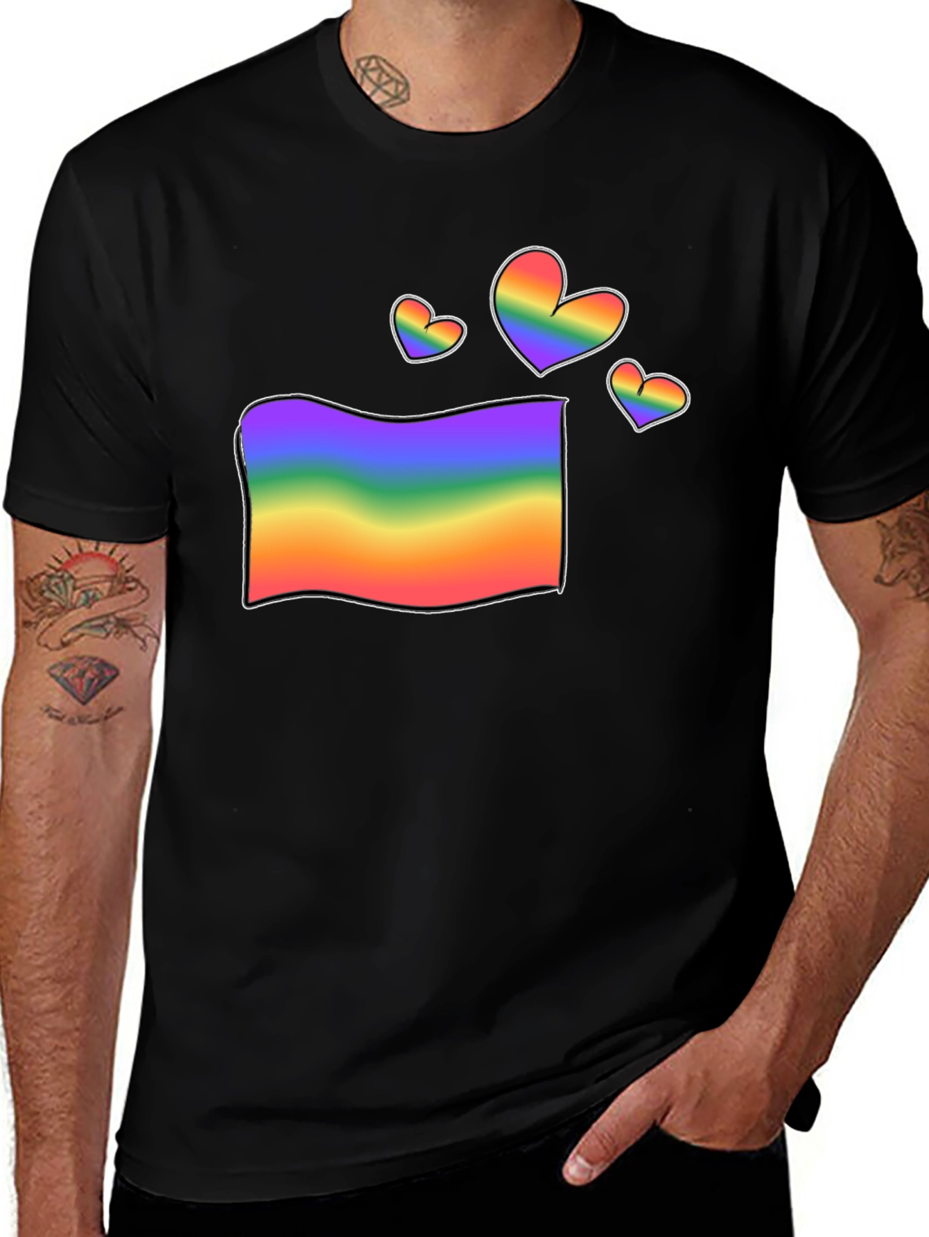 Rainbow Flag & Hearts Graphic Black T-Shirt