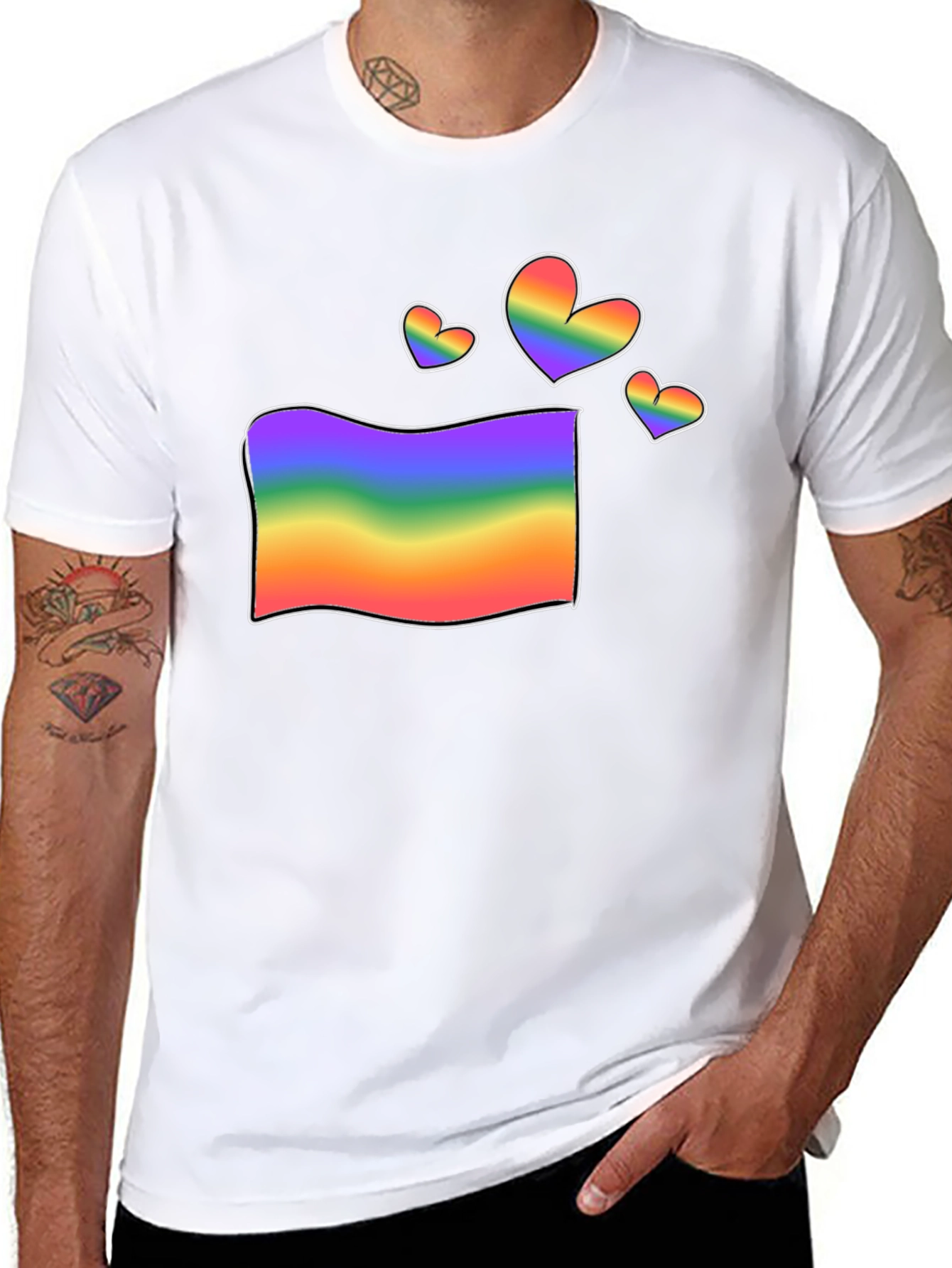 Rainbow Flag & Hearts Graphic Black T-Shirt