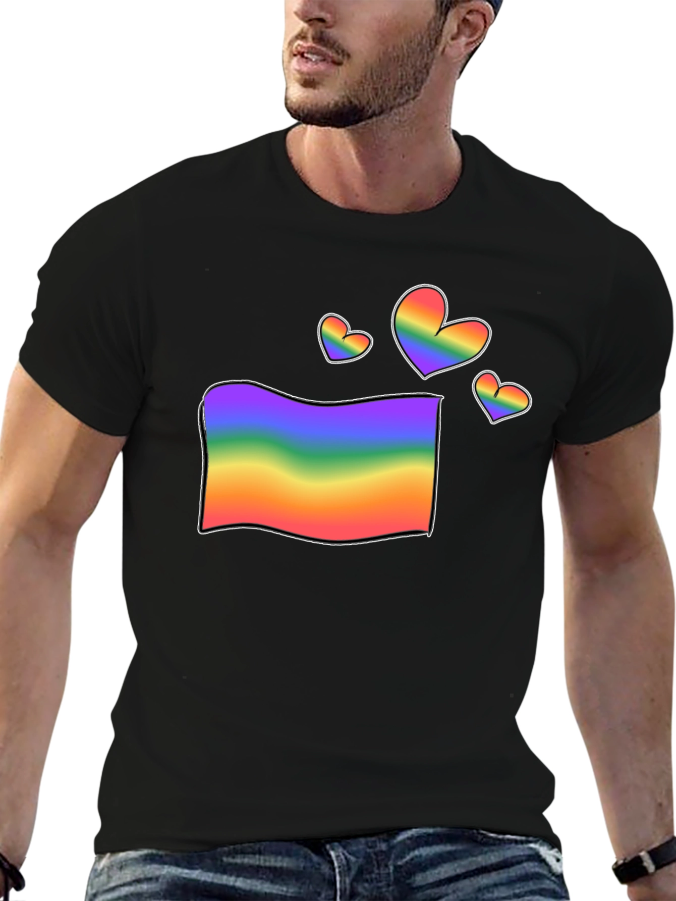 Rainbow Flag & Hearts Graphic Black T-Shirt