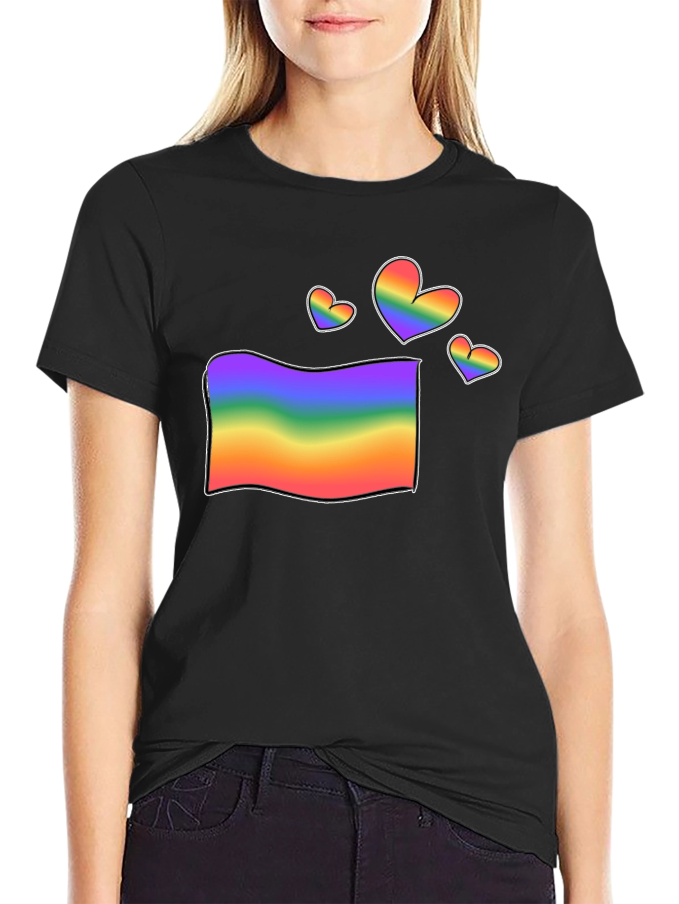 Rainbow Flag & Hearts Graphic Black T-Shirt