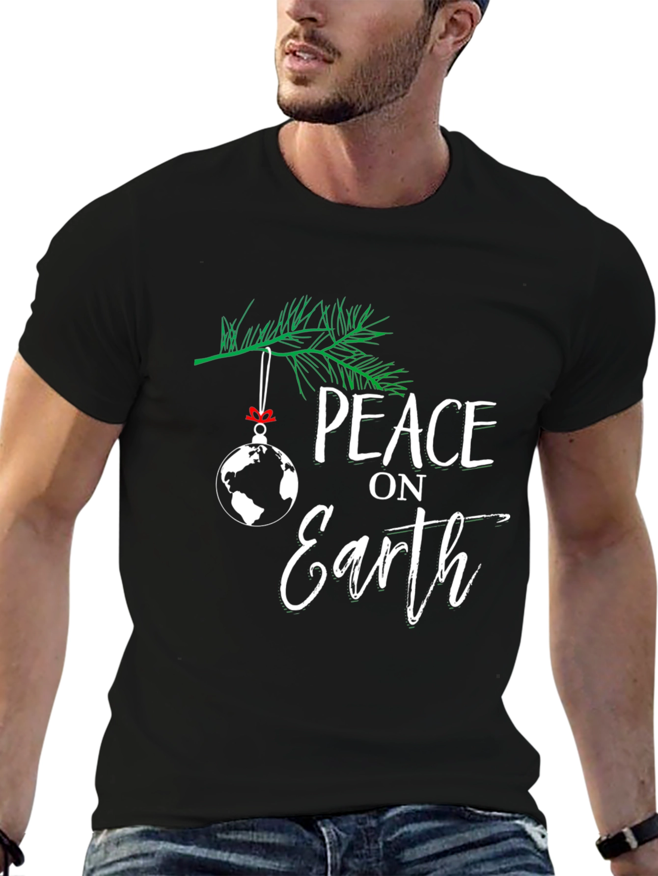 Peace on Earth Globe Christmas Holiday Black T-Shirt
