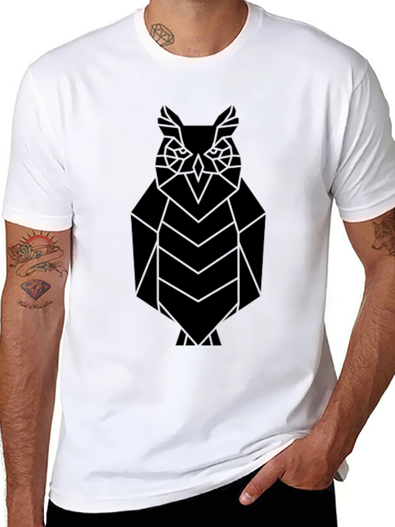 Geometric Owl Graphic Tee - Black