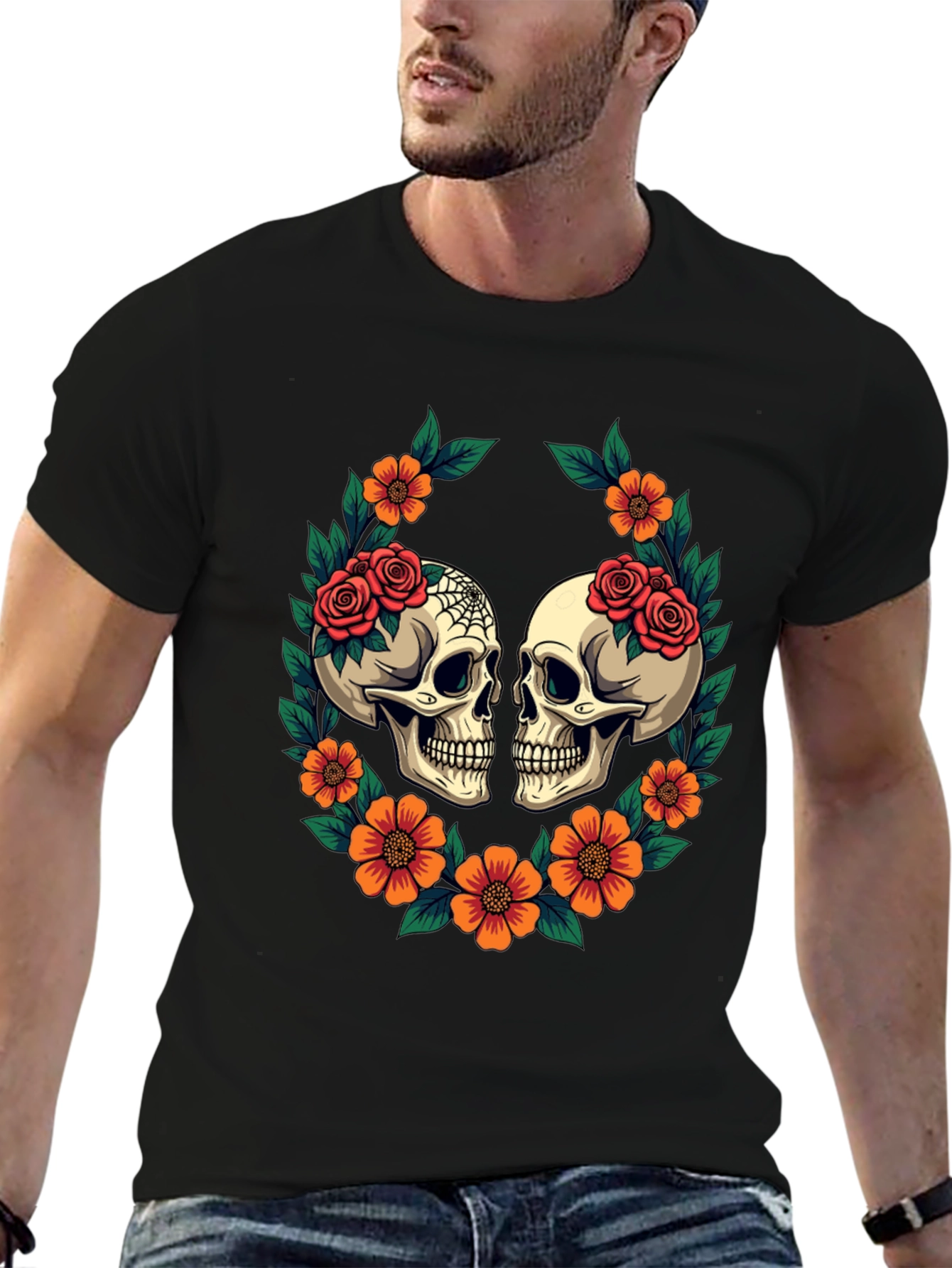 Skull & Floral Graphic T-Shirt - Gothic Style