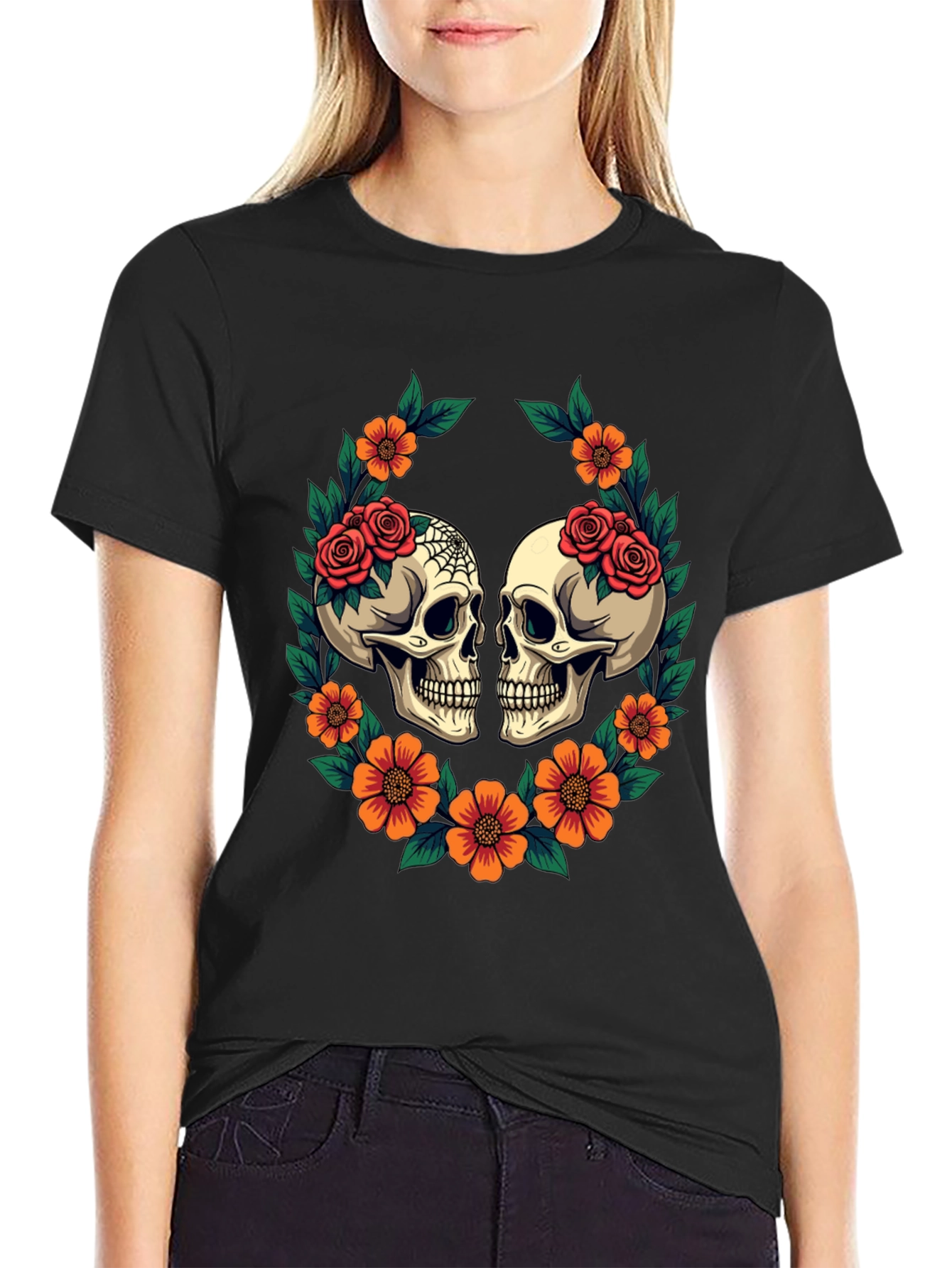 Skull & Floral Graphic T-Shirt - Gothic Style