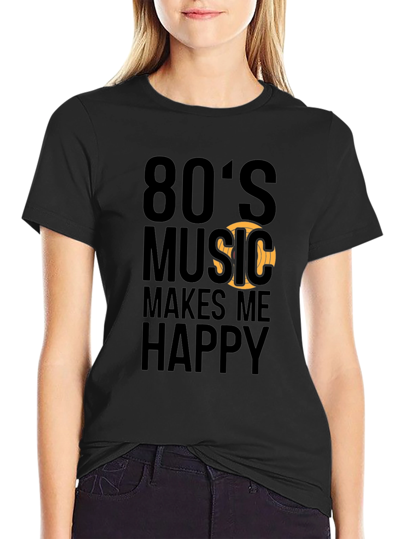 80s Music Makes Me Happy Black T-Shirt