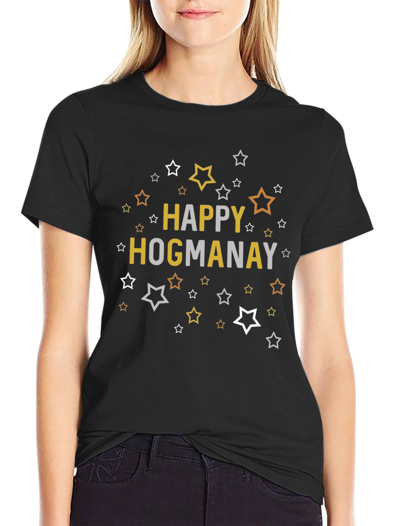 Happy Hogmanay Black T-Shirt with Star Graphics