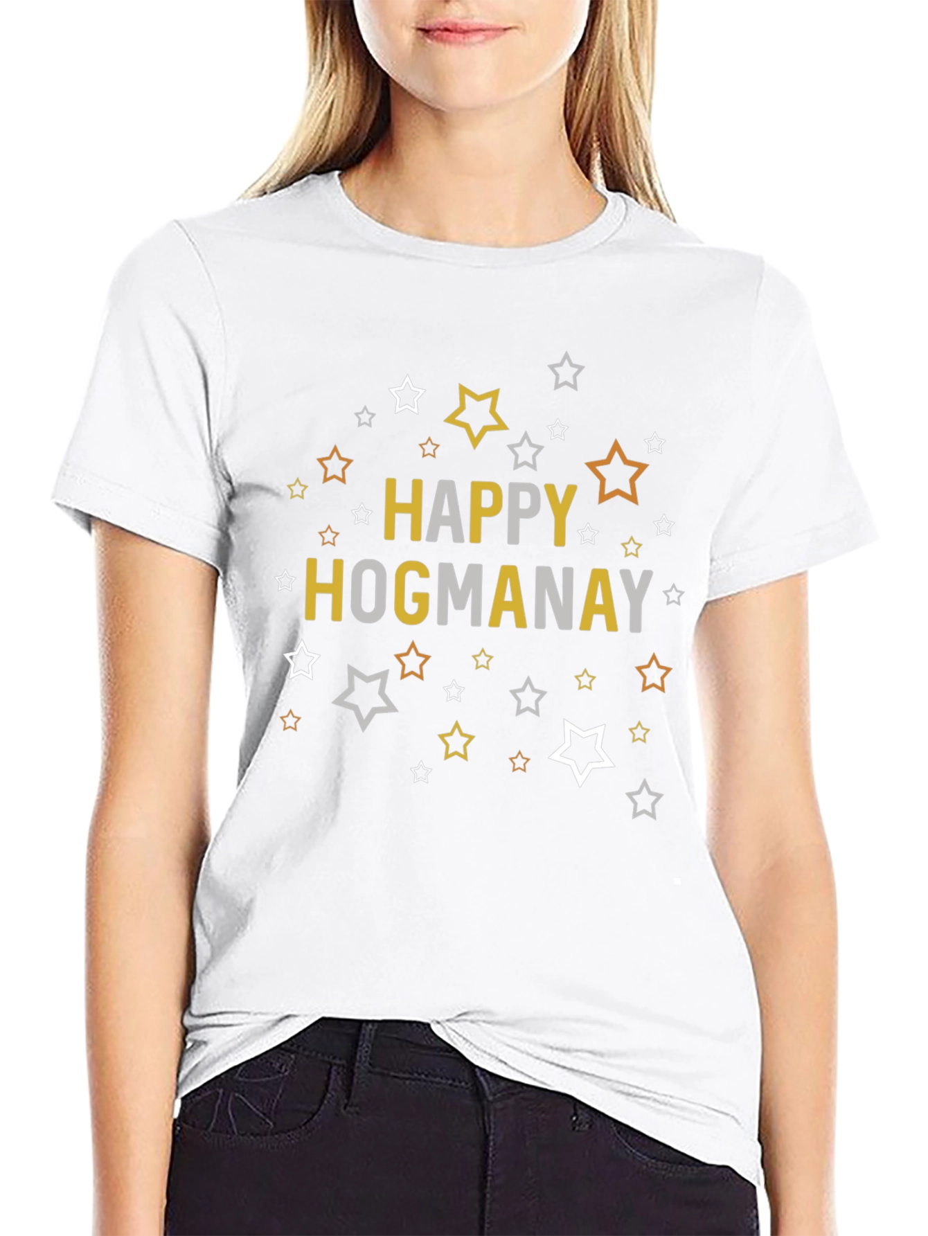 Happy Hogmanay Black T-Shirt with Star Graphics