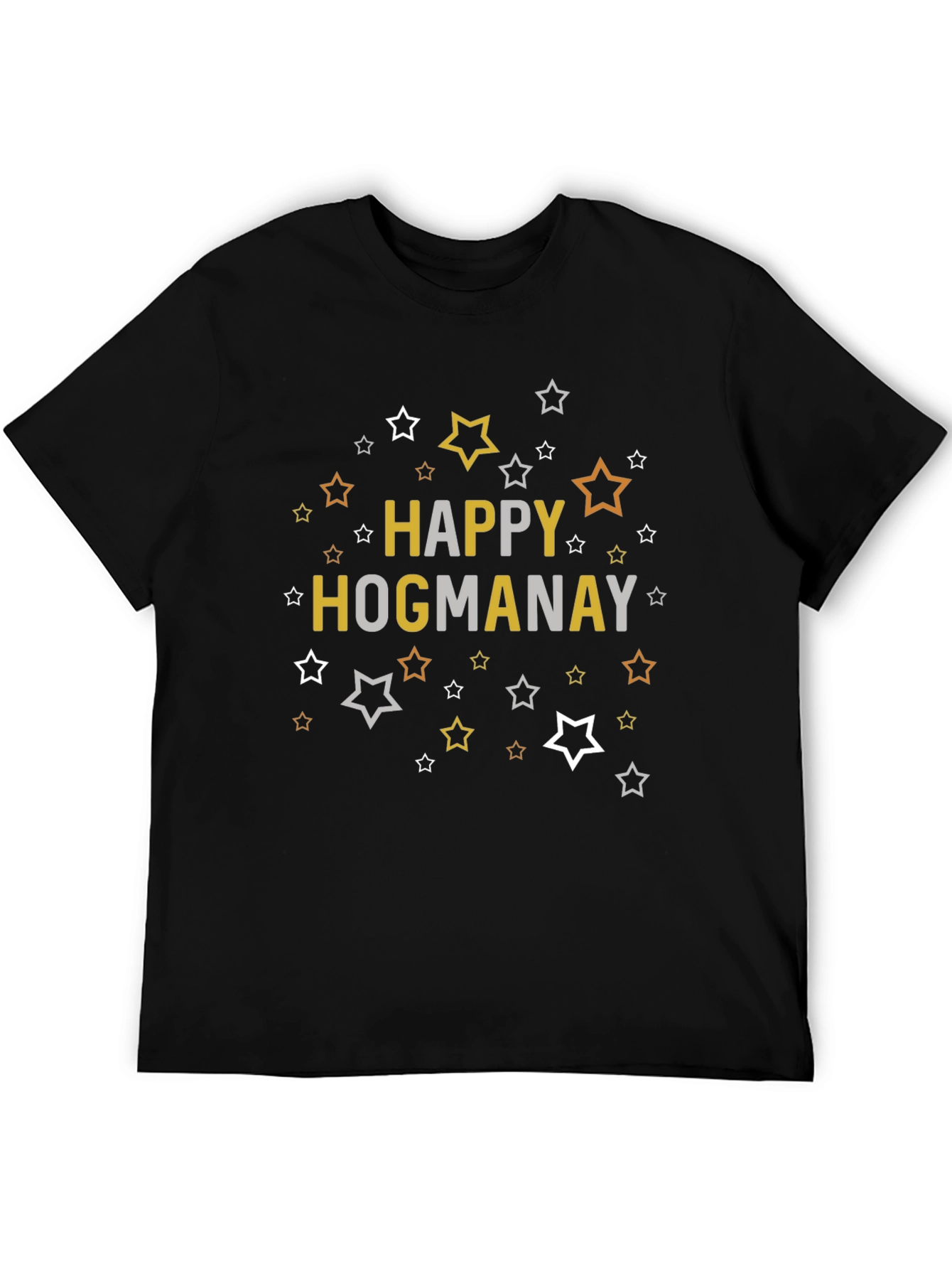 Happy Hogmanay Black T-Shirt with Star Graphics