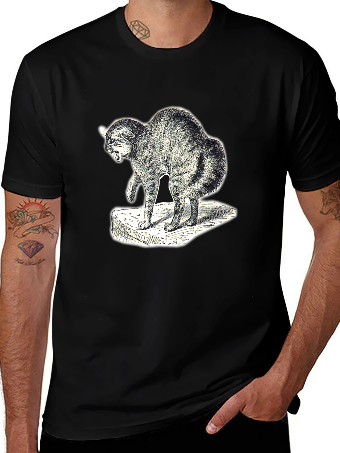 Distressed Cat Graphic Tee - Unisex Black T-Shirt