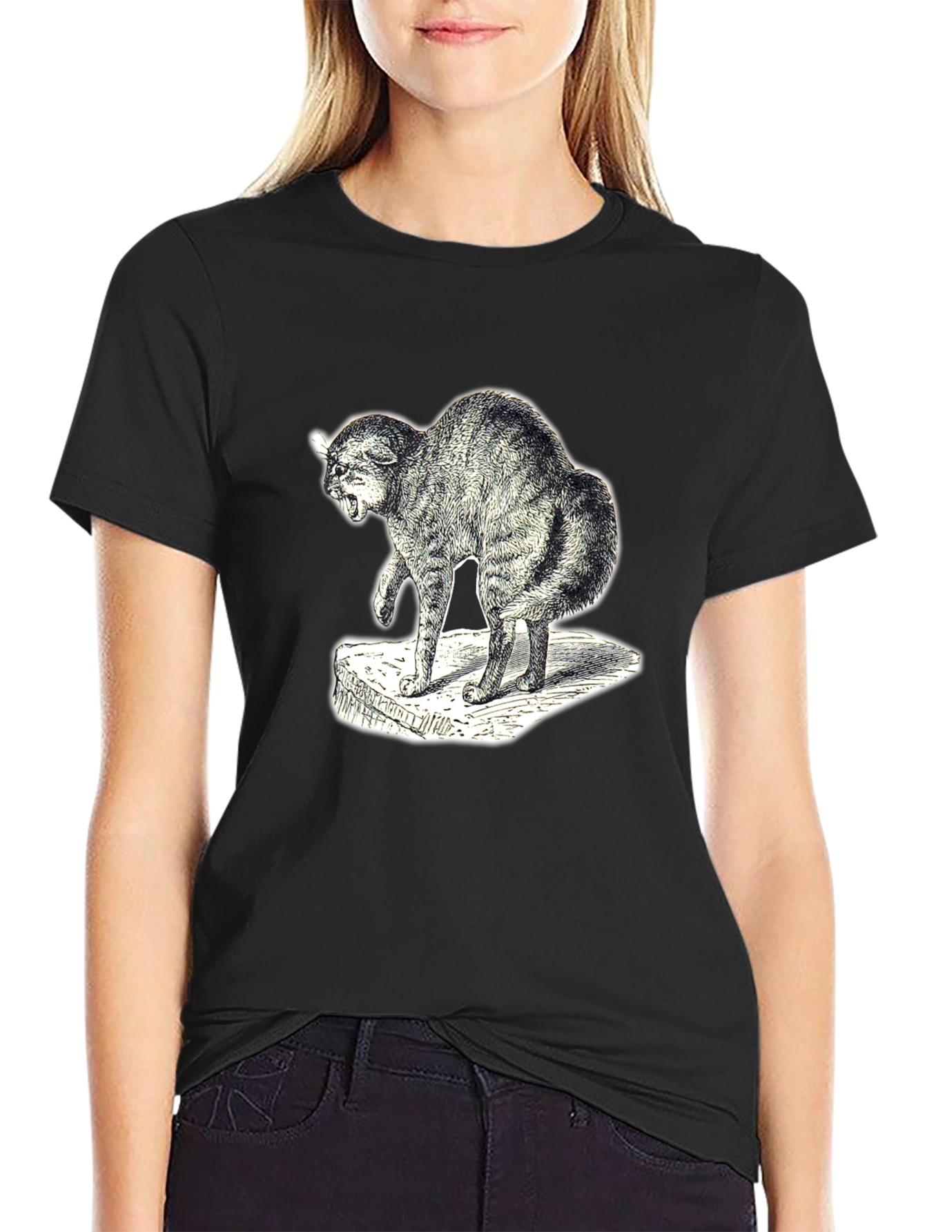 Distressed Cat Graphic Tee - Unisex Black T-Shirt