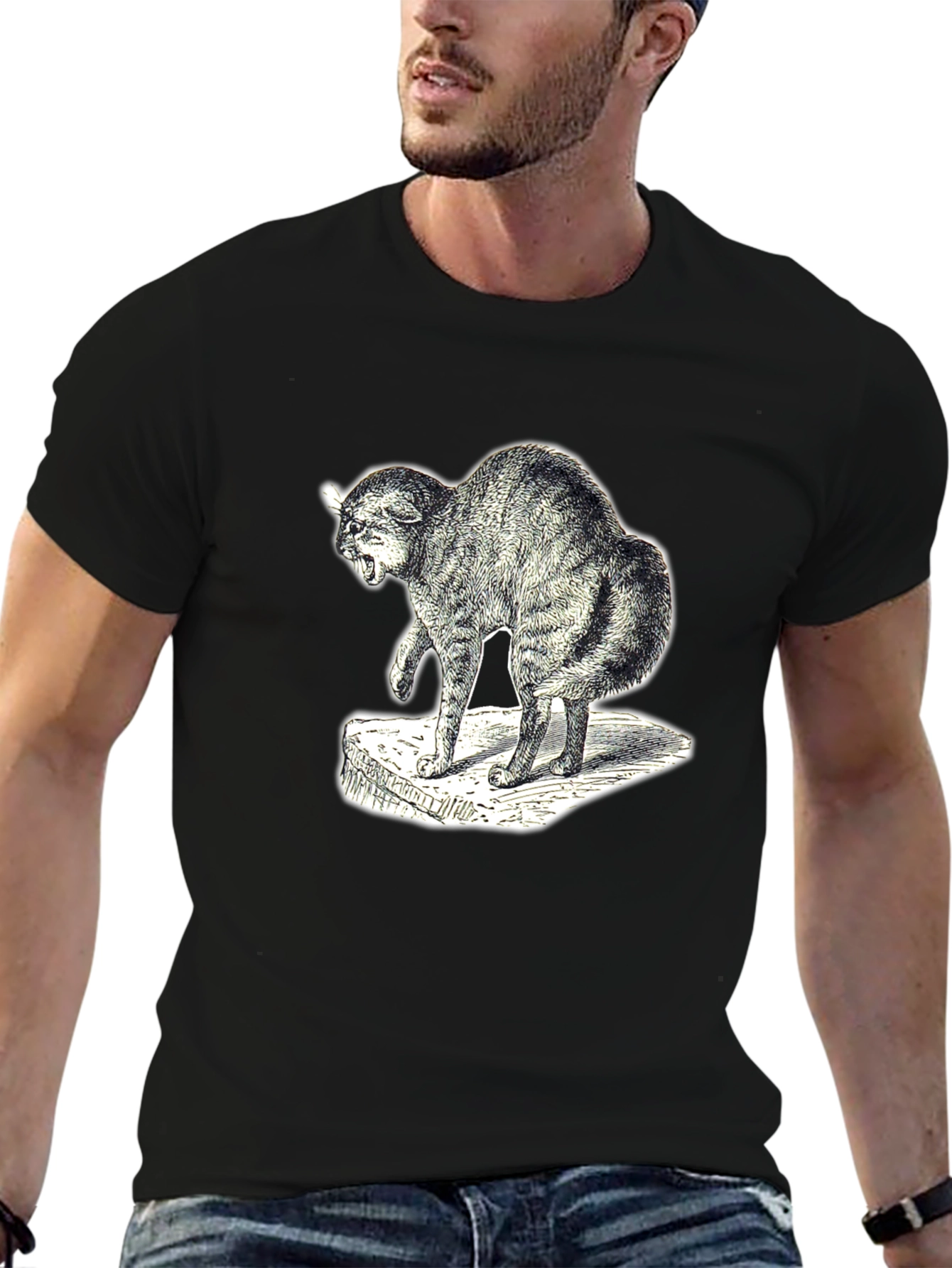 Distressed Cat Graphic Tee - Unisex Black T-Shirt