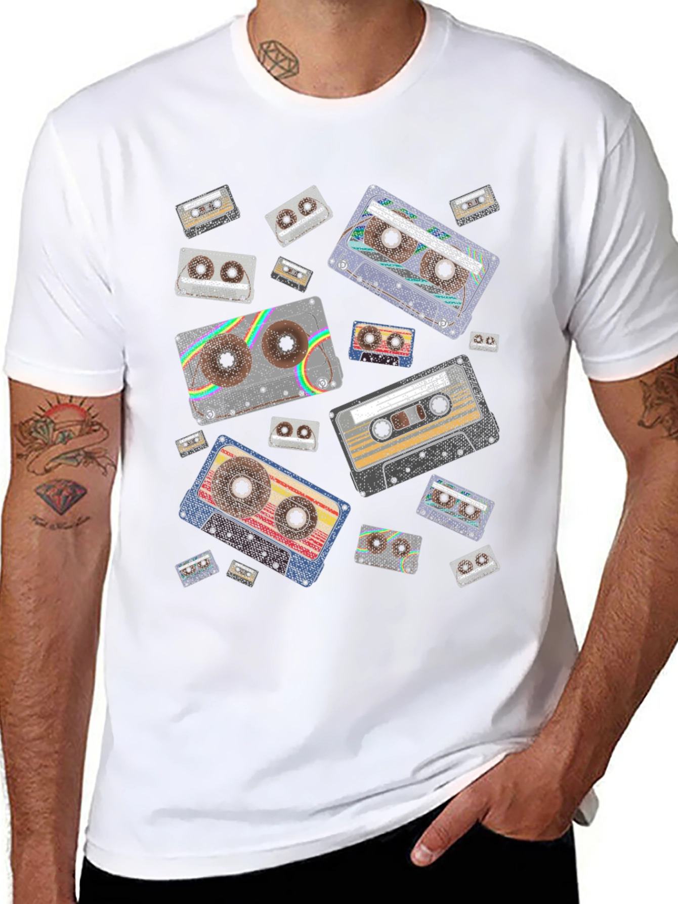 Retro Cassette Tape Pattern Black T-Shirt