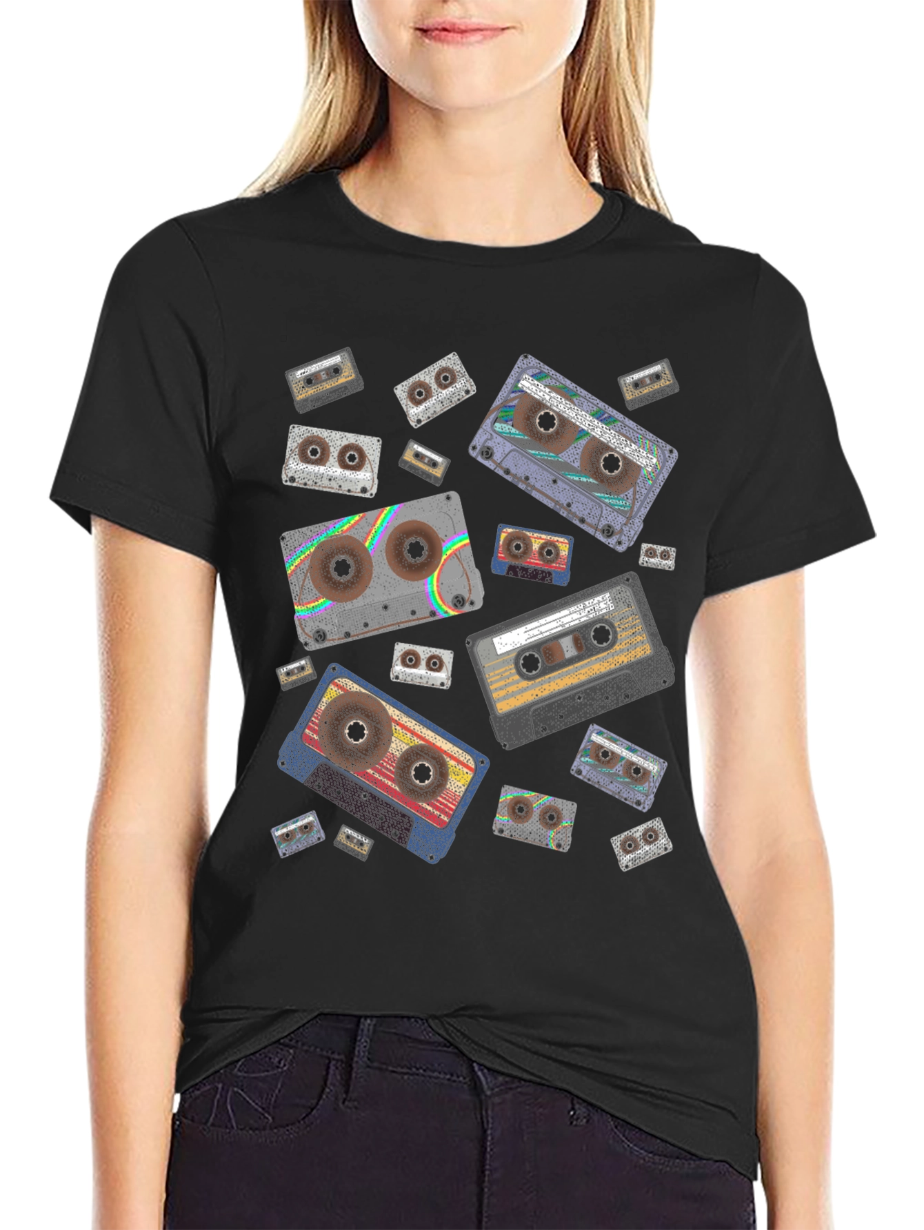 Retro Cassette Tape Pattern Black T-Shirt