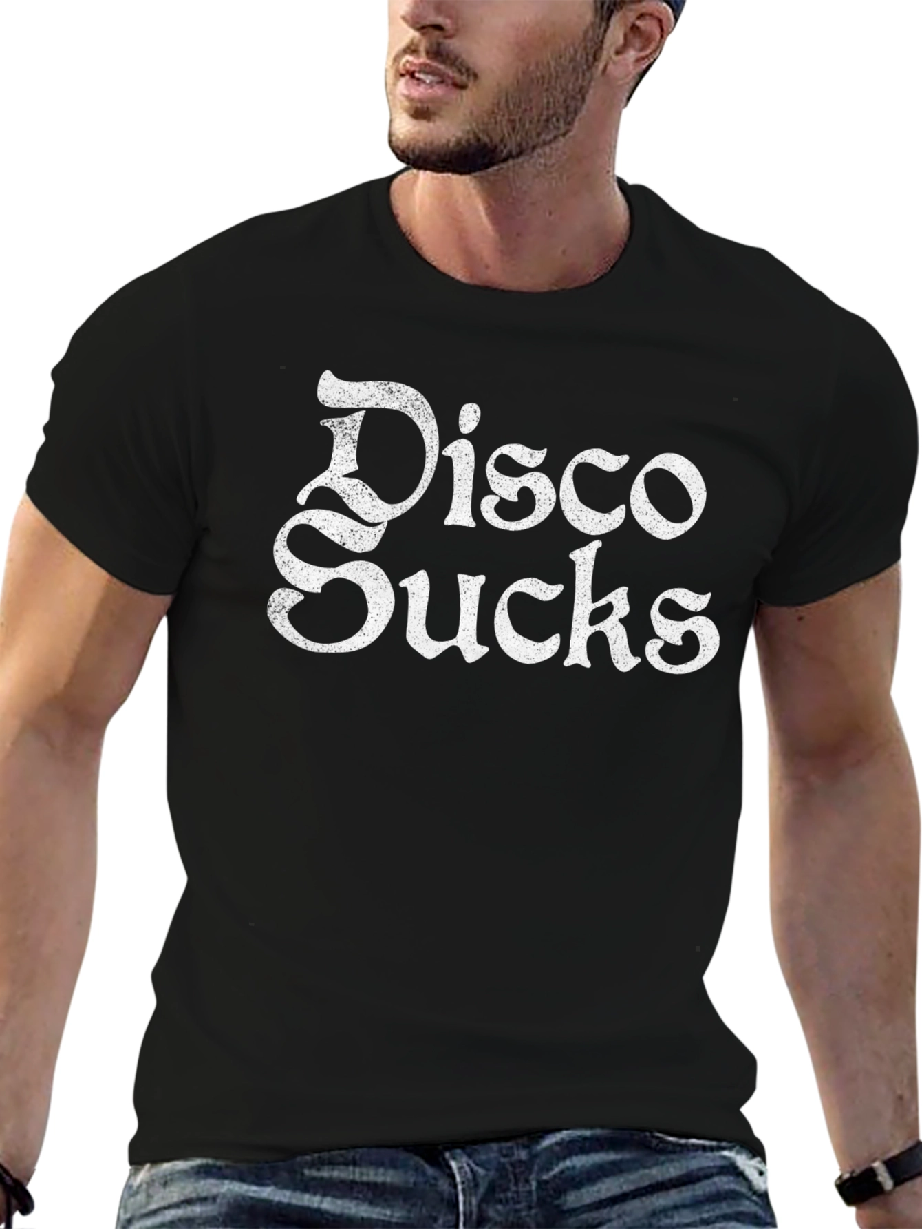 Disco Sucks Graphic Print Black T-Shirt