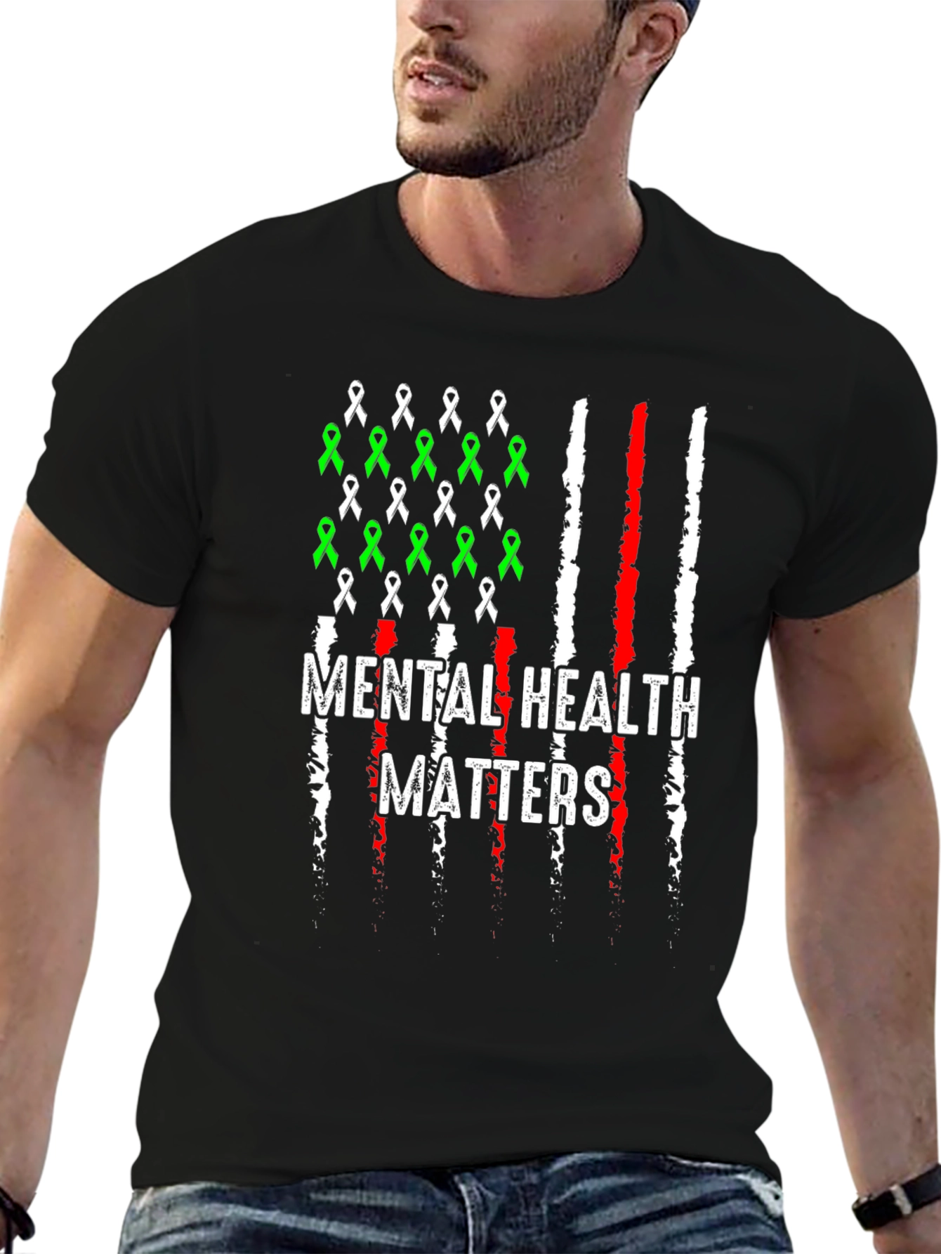 Mental Health Matters T-Shirt - American Flag Ribbon Design