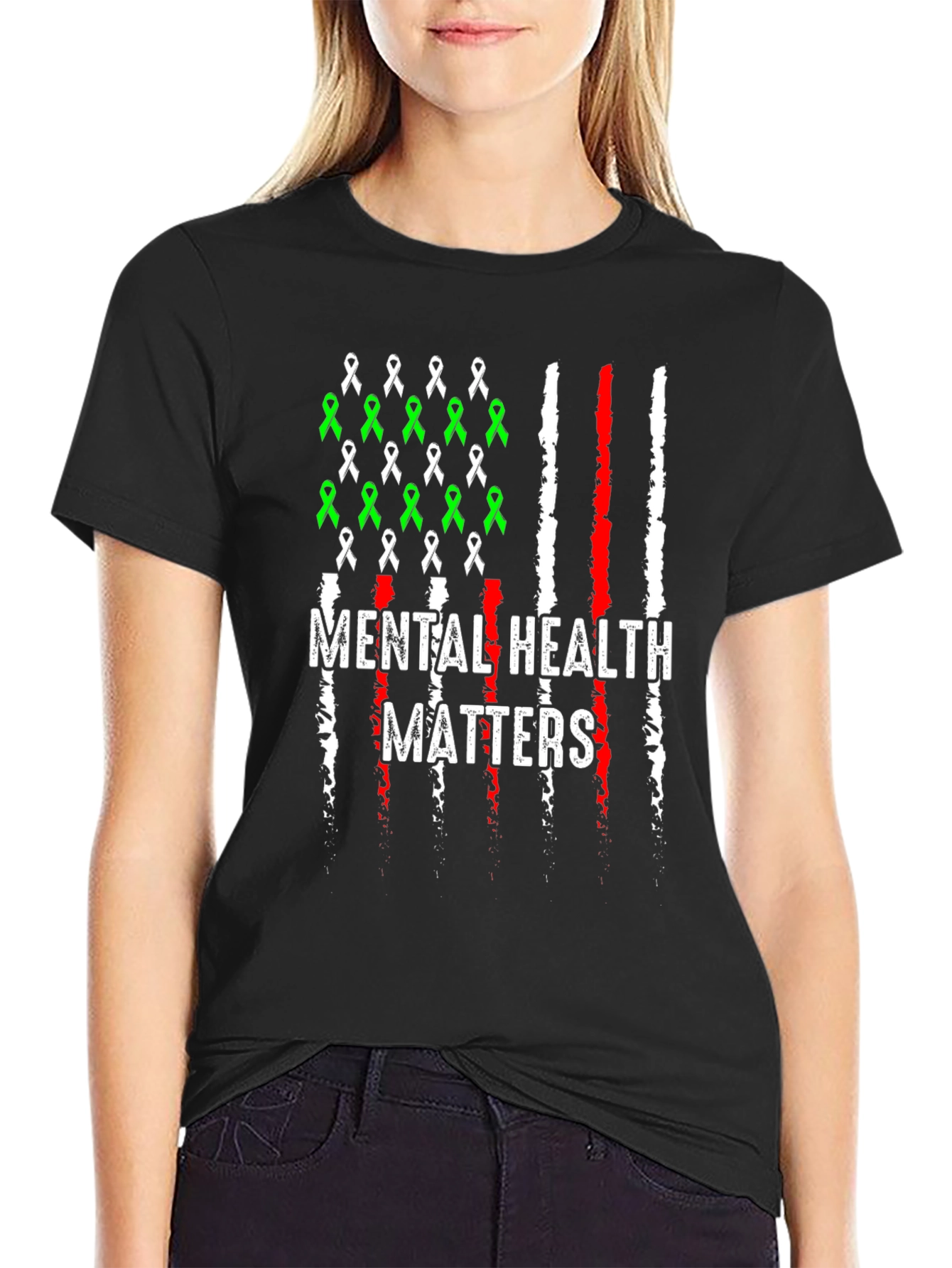 Mental Health Matters T-Shirt - American Flag Ribbon Design