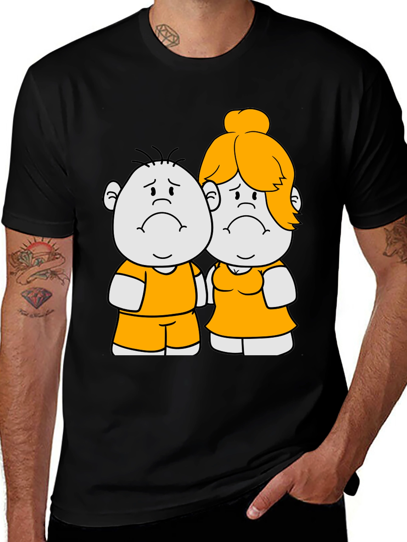 Cartoon Couple Graphic Tee - Black