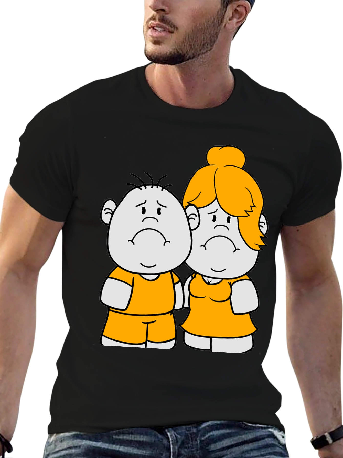 Cartoon Couple Graphic Tee - Black