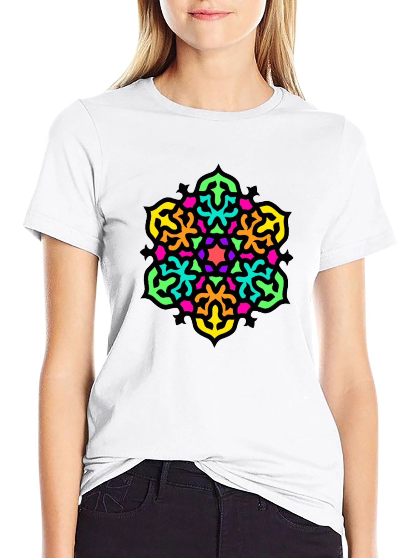 Vibrant Geometric Mandala Graphic Tee - Black