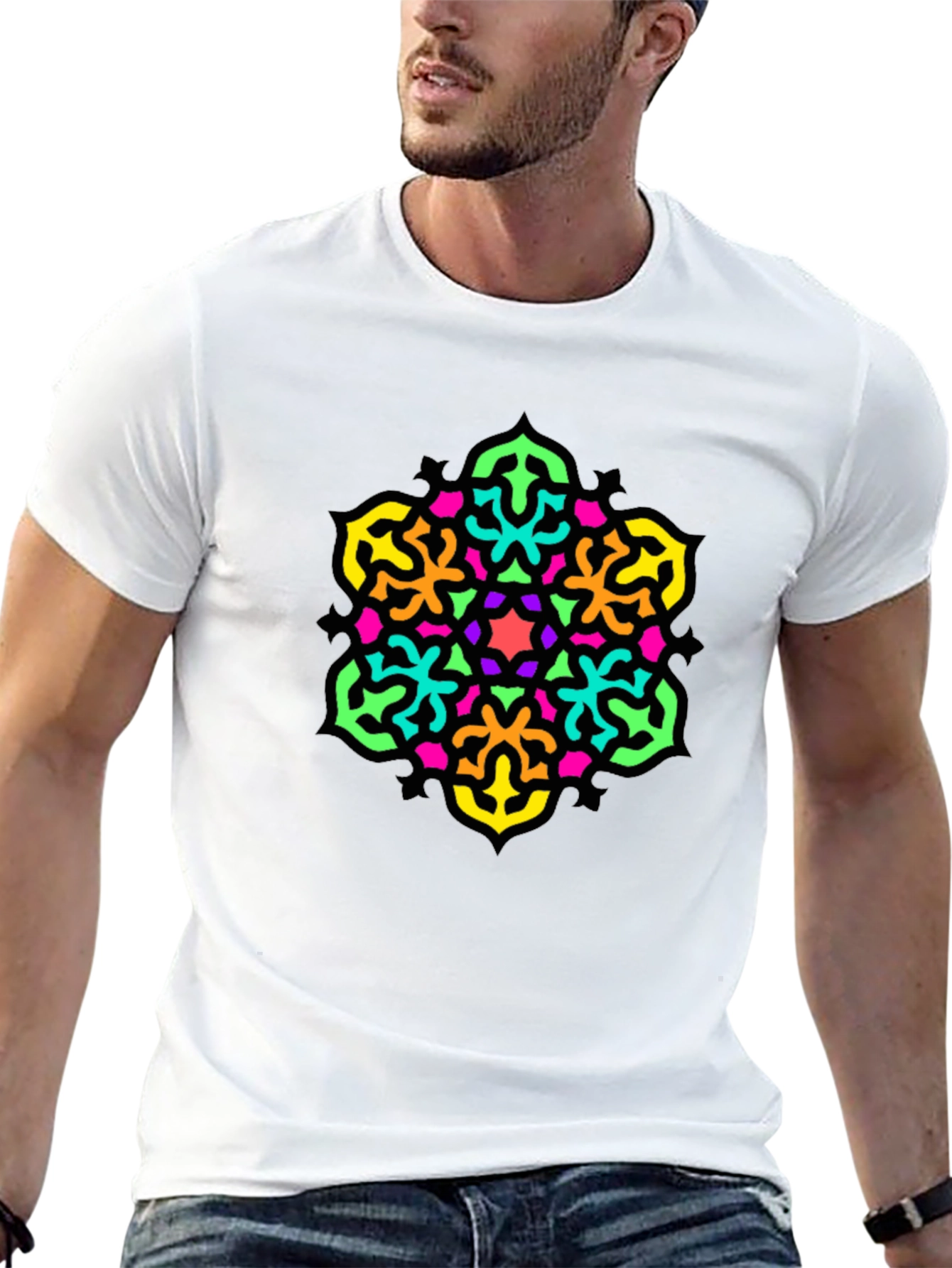Vibrant Geometric Mandala Graphic Tee - Black